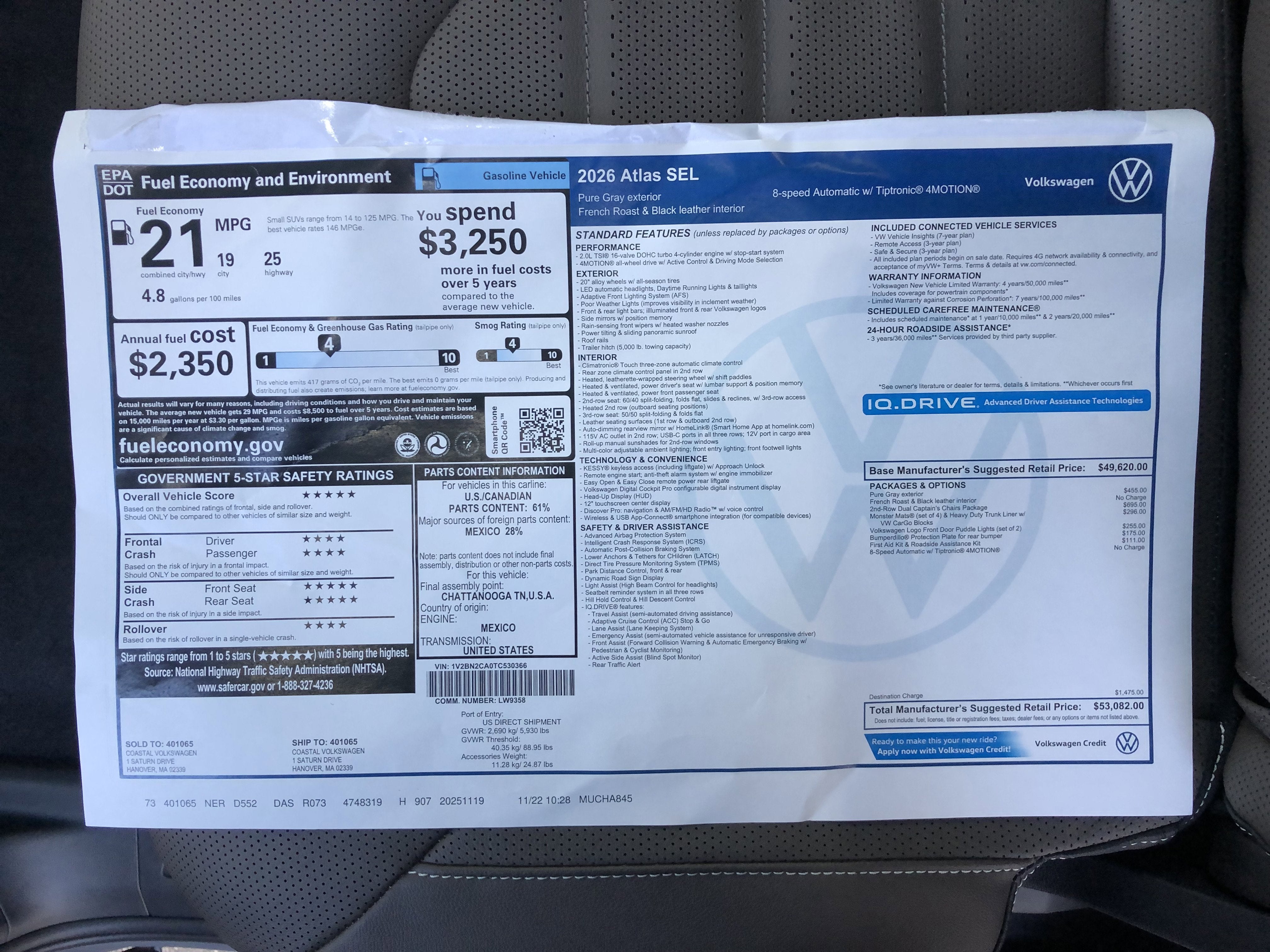 2026 Volkswagen Atlas 2.0T SEL w/captains chairs