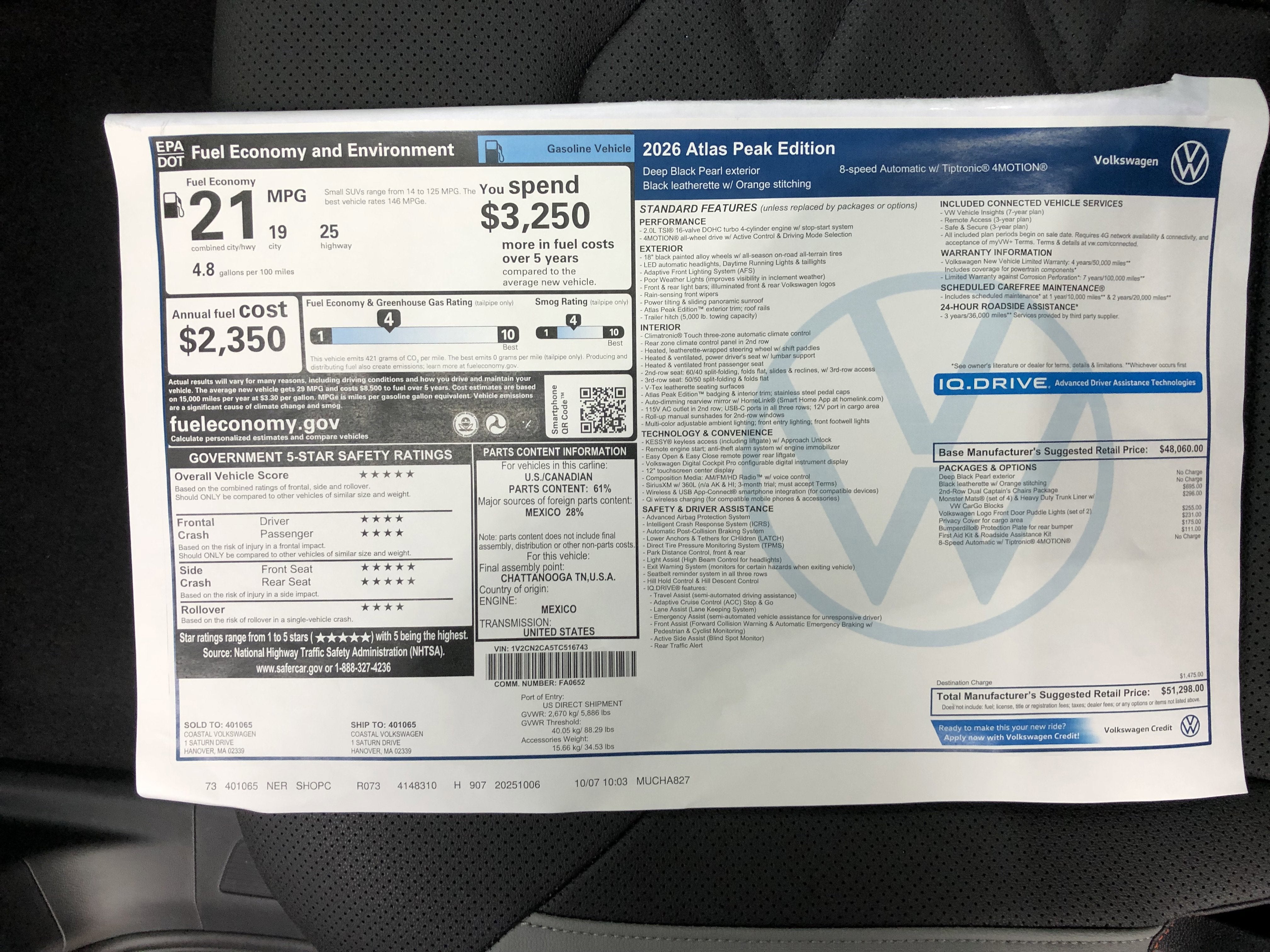 2026 Volkswagen Atlas 2.0T Peak Edition w/captains chairs