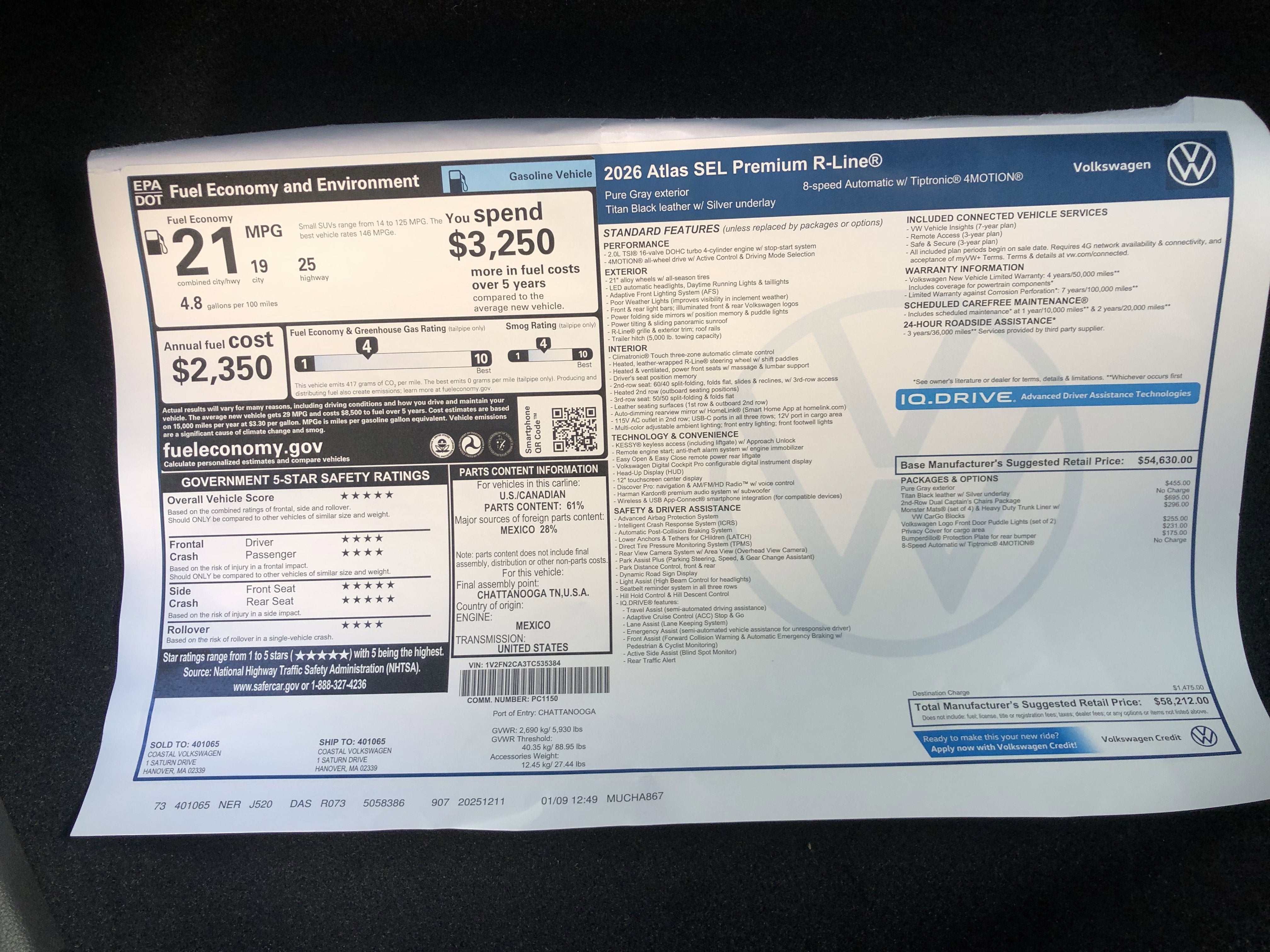 2026 Volkswagen Atlas 2.0T SEL Premium R-Line w/captains chairs