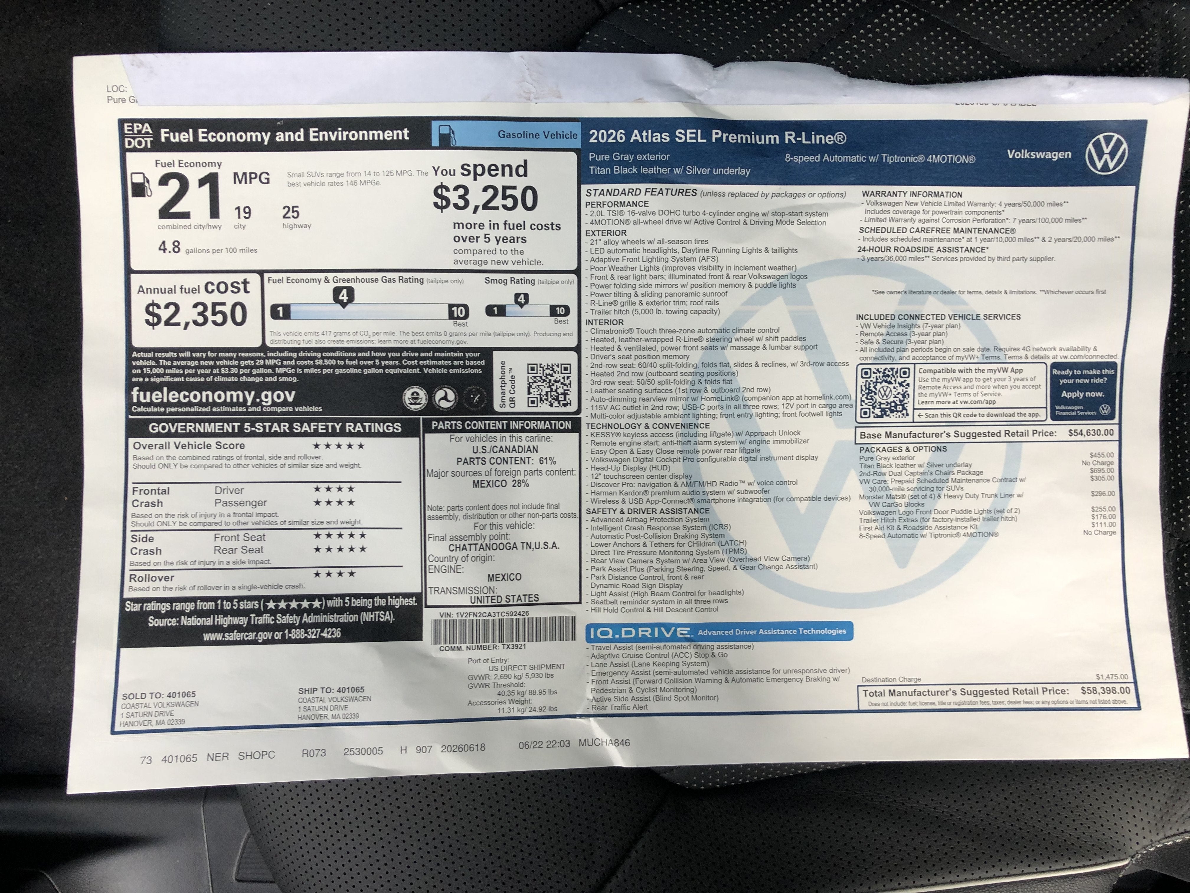 2026 Volkswagen Atlas 2.0T SEL Premium R-Line w/captains chairs