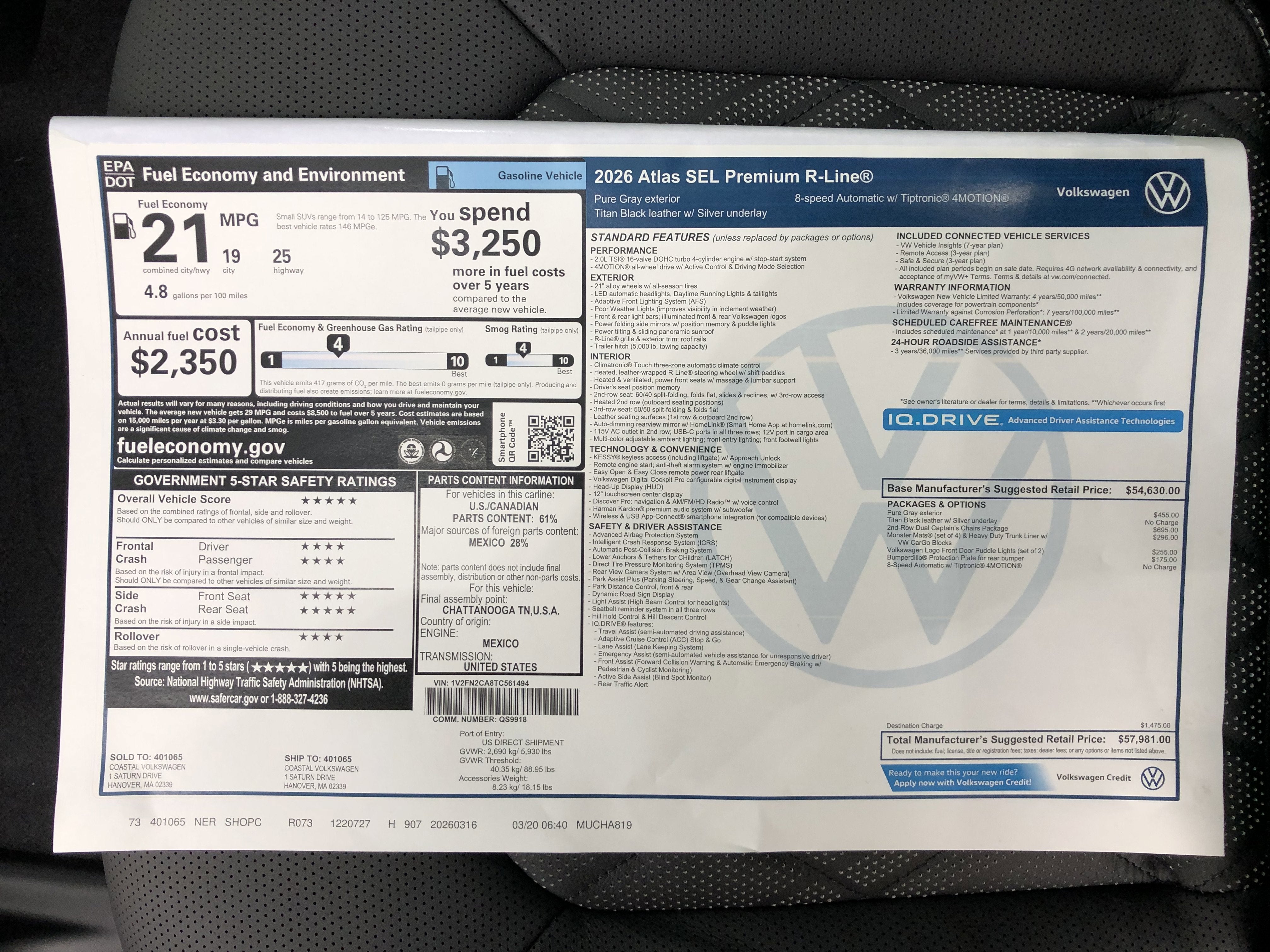 2026 Volkswagen Atlas 2.0T SEL Premium R-Line w/captains chairs