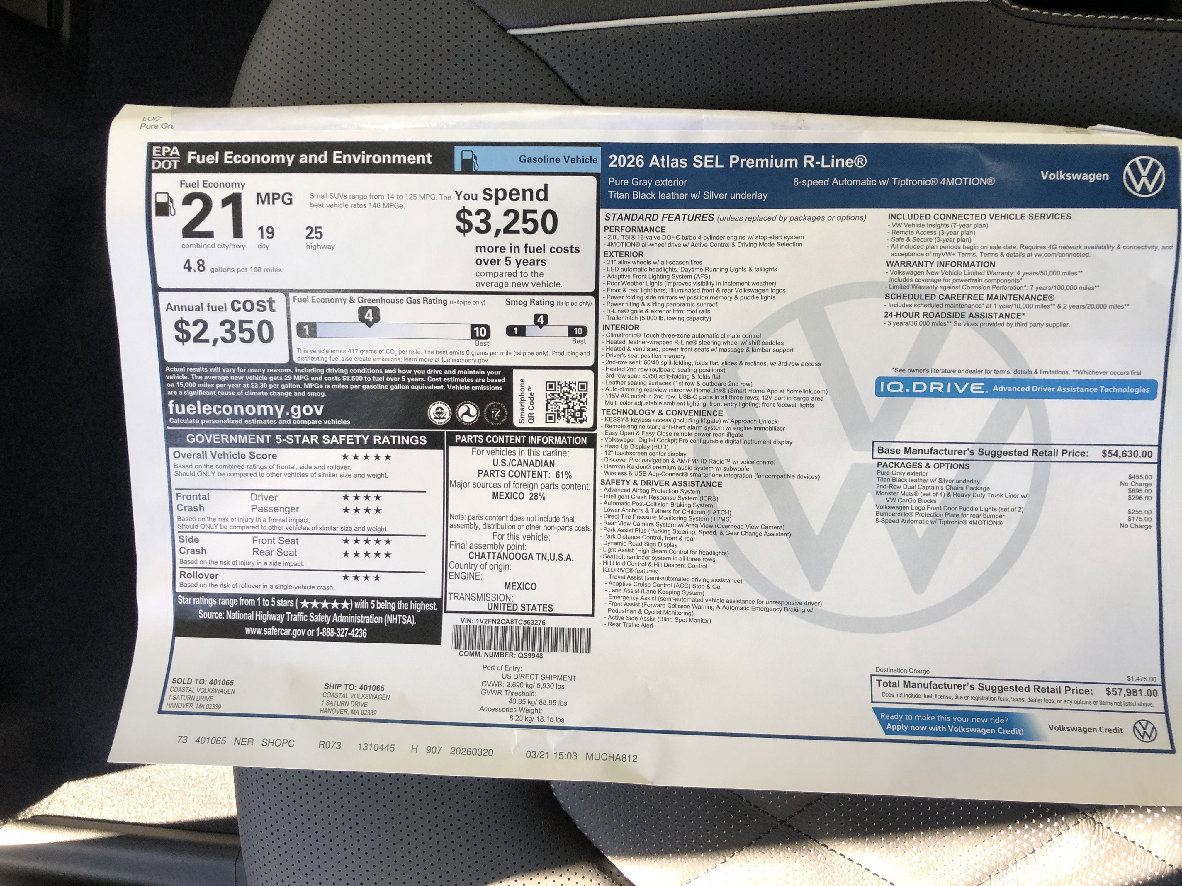 2026 Volkswagen Atlas 2.0T SEL Premium R-Line w/captains chairs