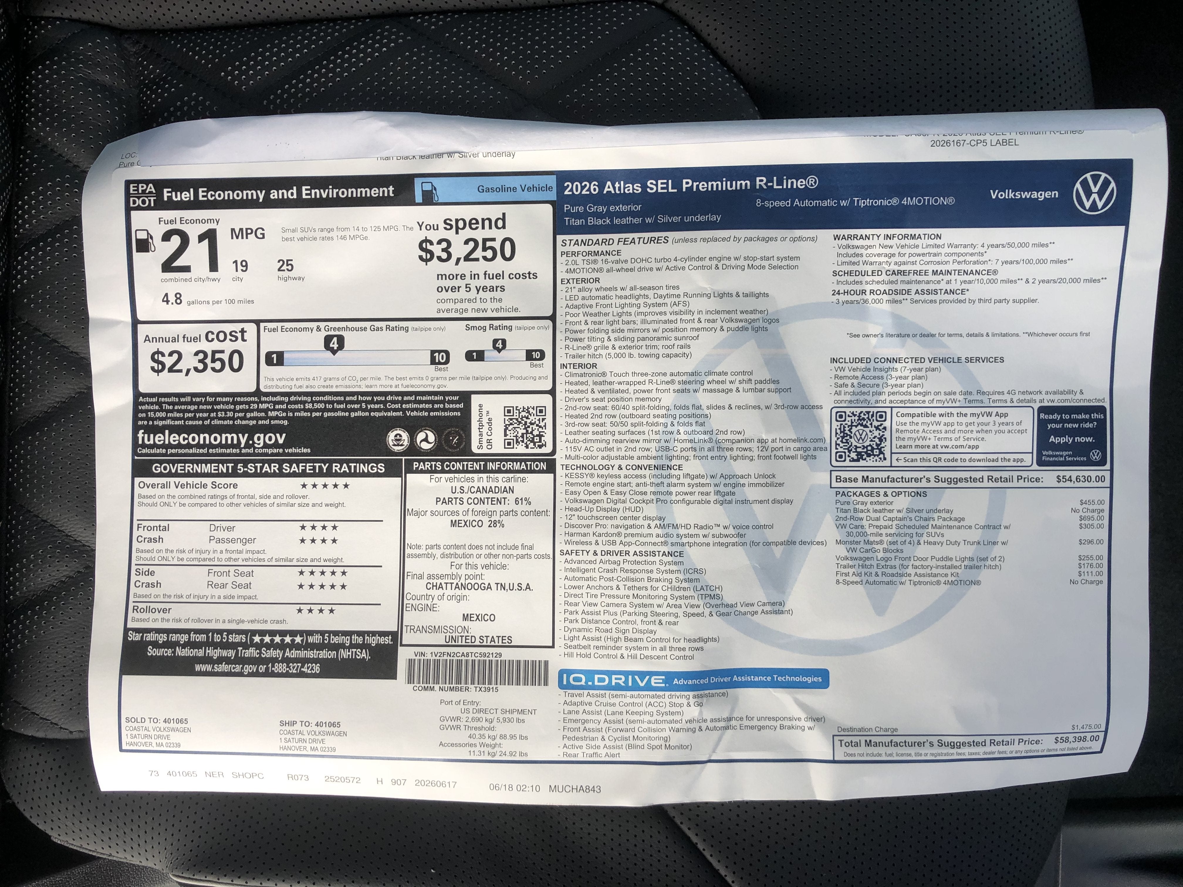 2026 Volkswagen Atlas 2.0T SEL Premium R-Line w/captains chairs