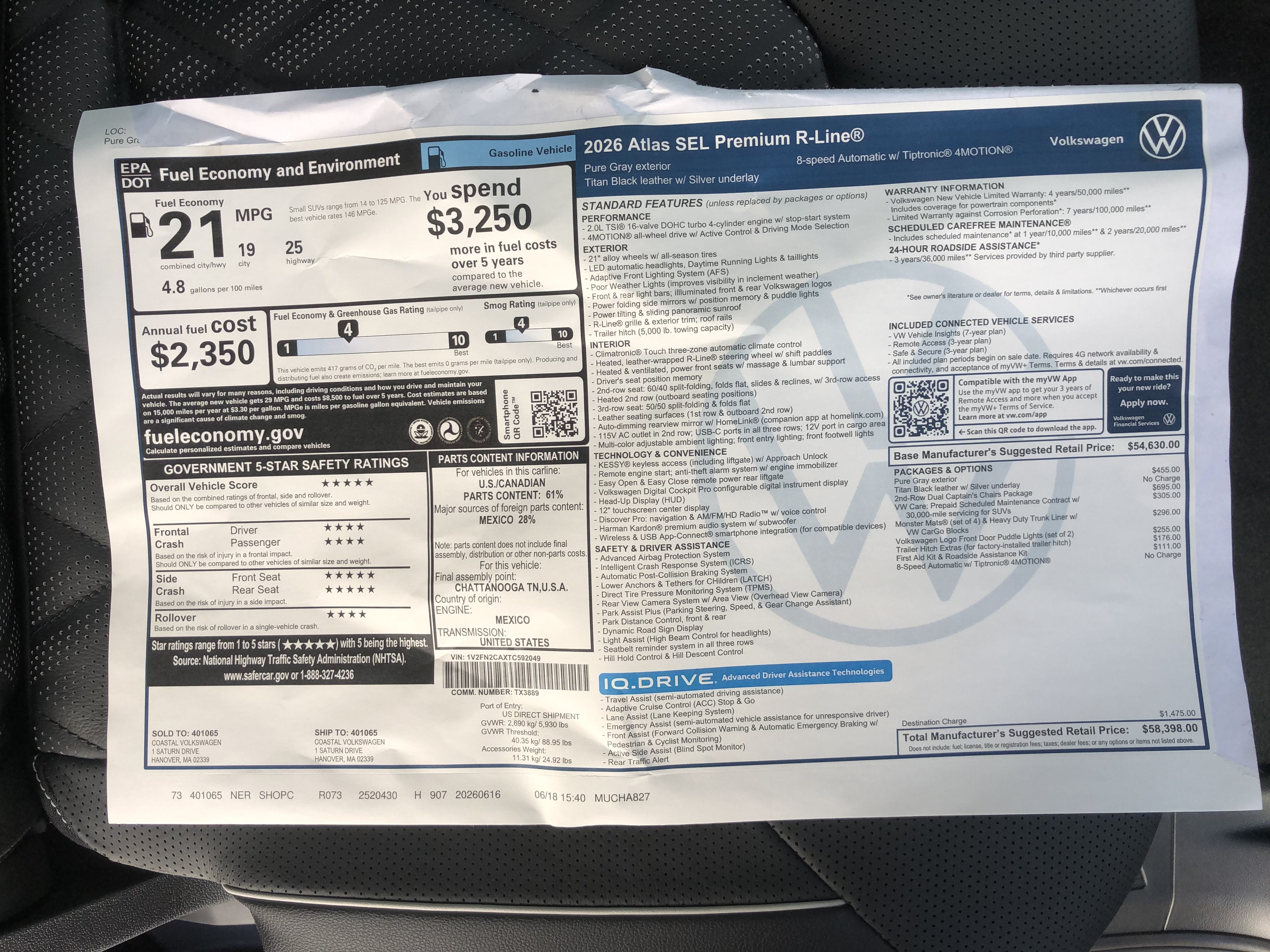 2026 Volkswagen Atlas 2.0T SEL Premium R-Line w/captains chairs