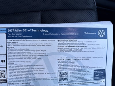 2027 Volkswagen Atlas SE w/Technology w/captains chairs and black wheel package