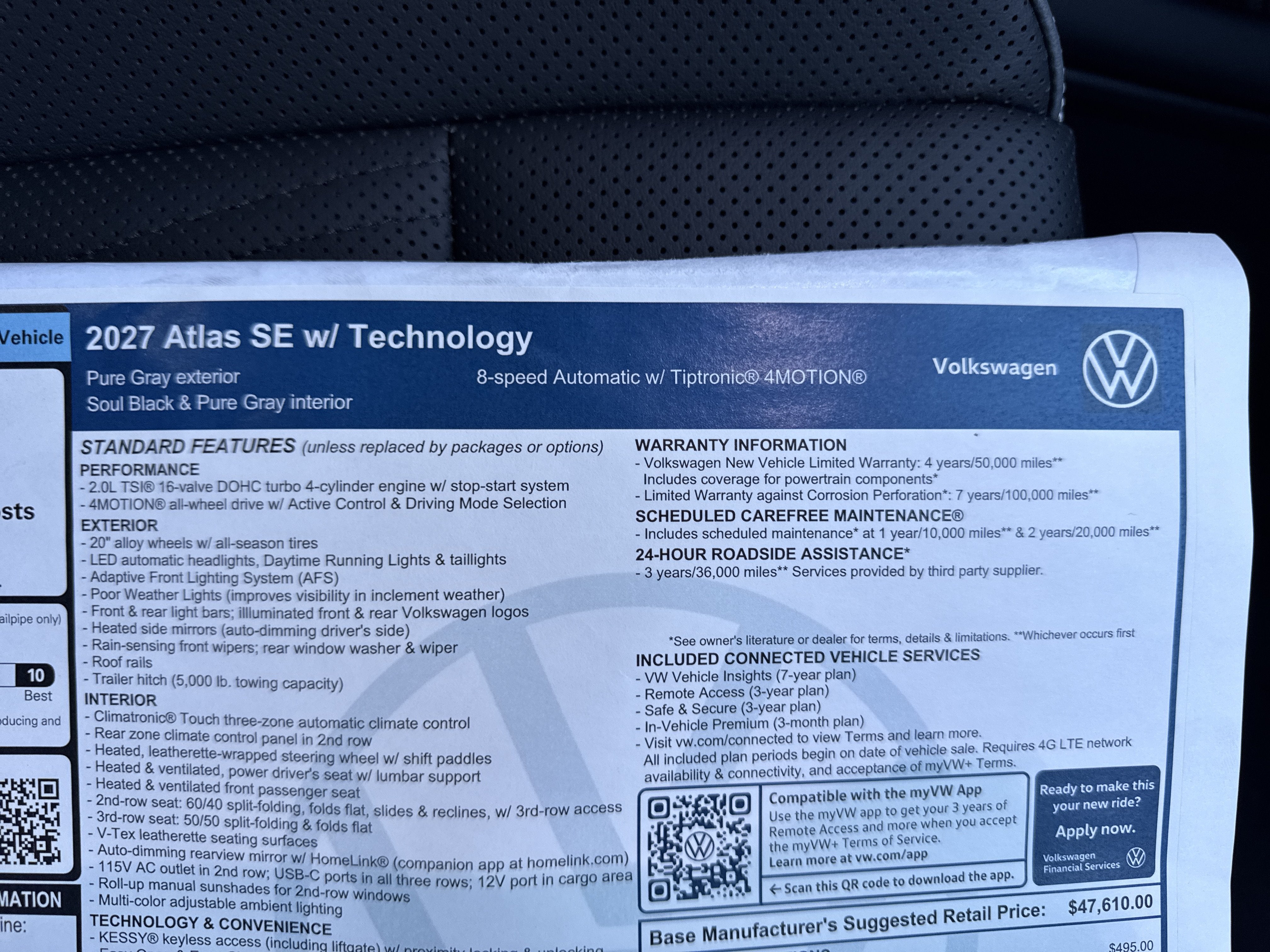 2027 Volkswagen Atlas SE w/Technology w/captains chairs and black wheel package