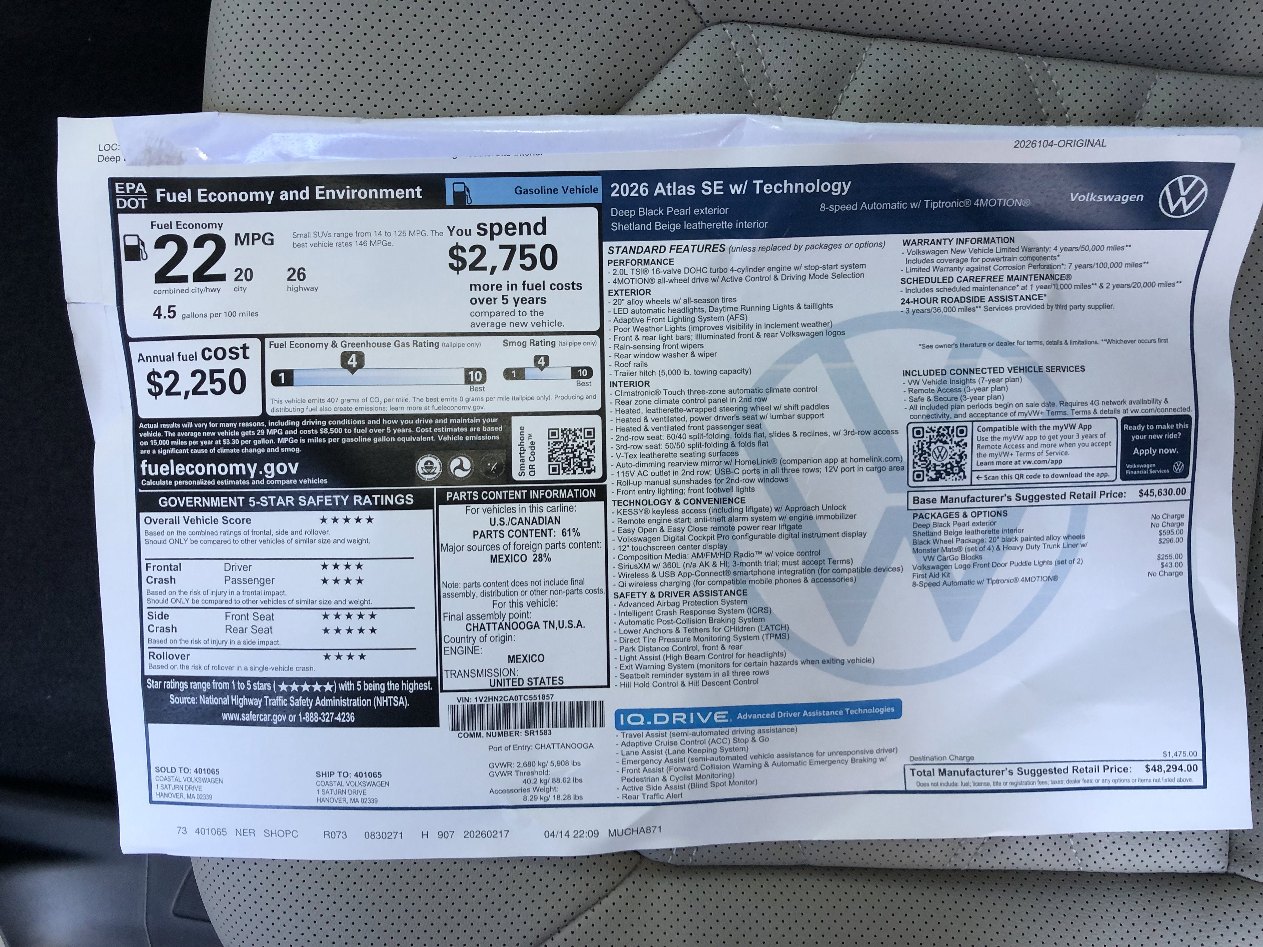 2026 Volkswagen Atlas 2.0T SE w/Technology w/black wheel package
