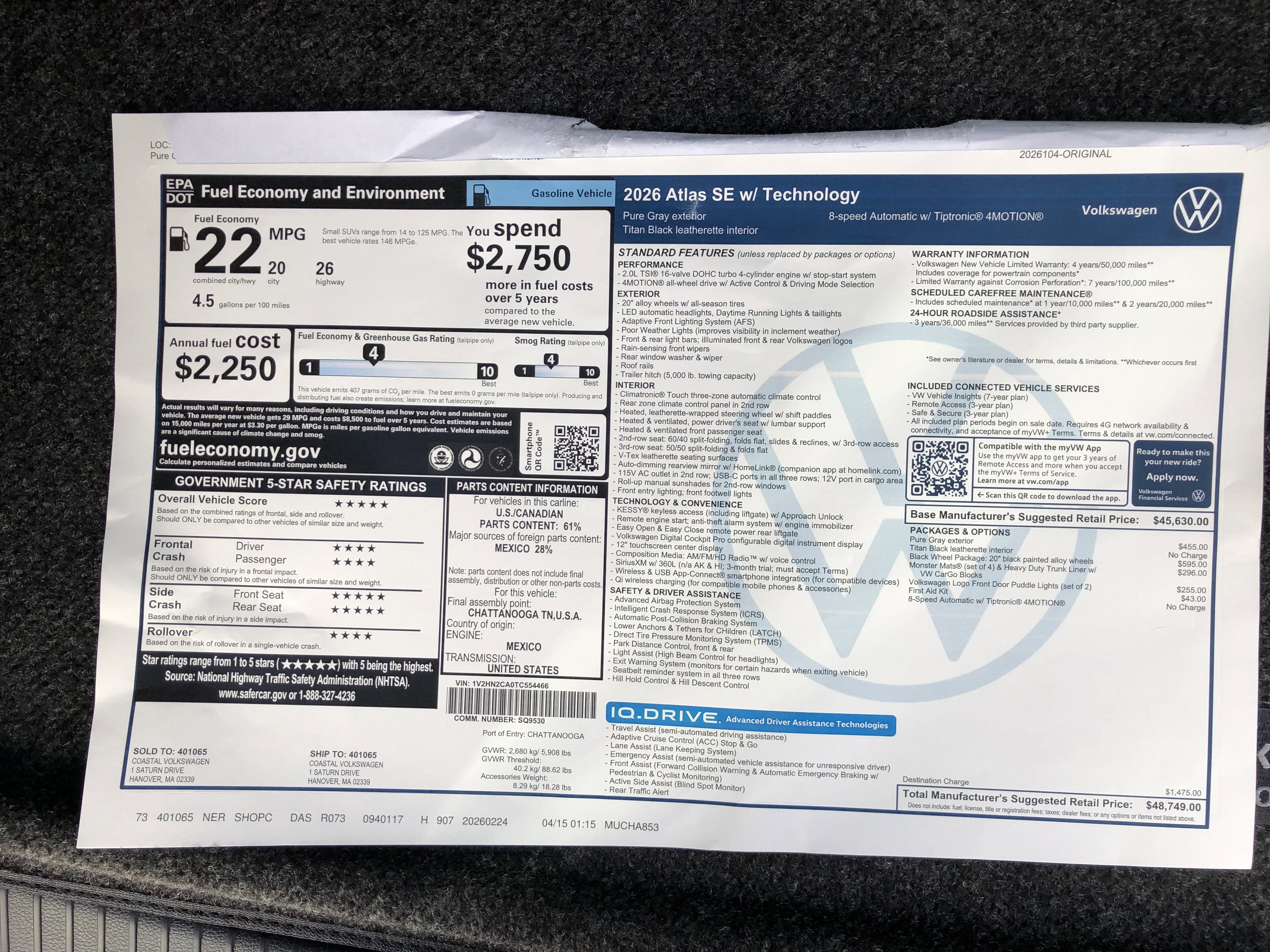 2026 Volkswagen Atlas 2.0T SE w/Technology w/black wheel package