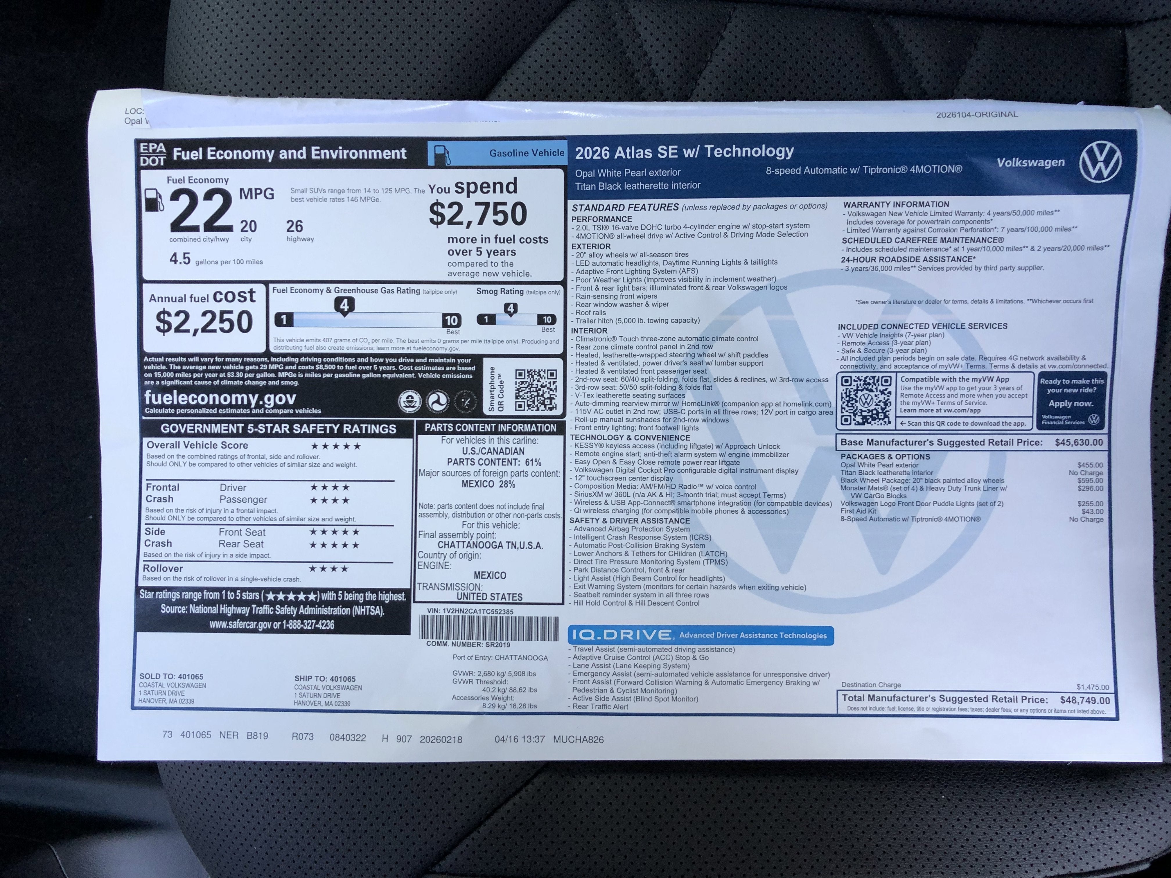 2026 Volkswagen Atlas 2.0T SE w/Technology w/black wheel package