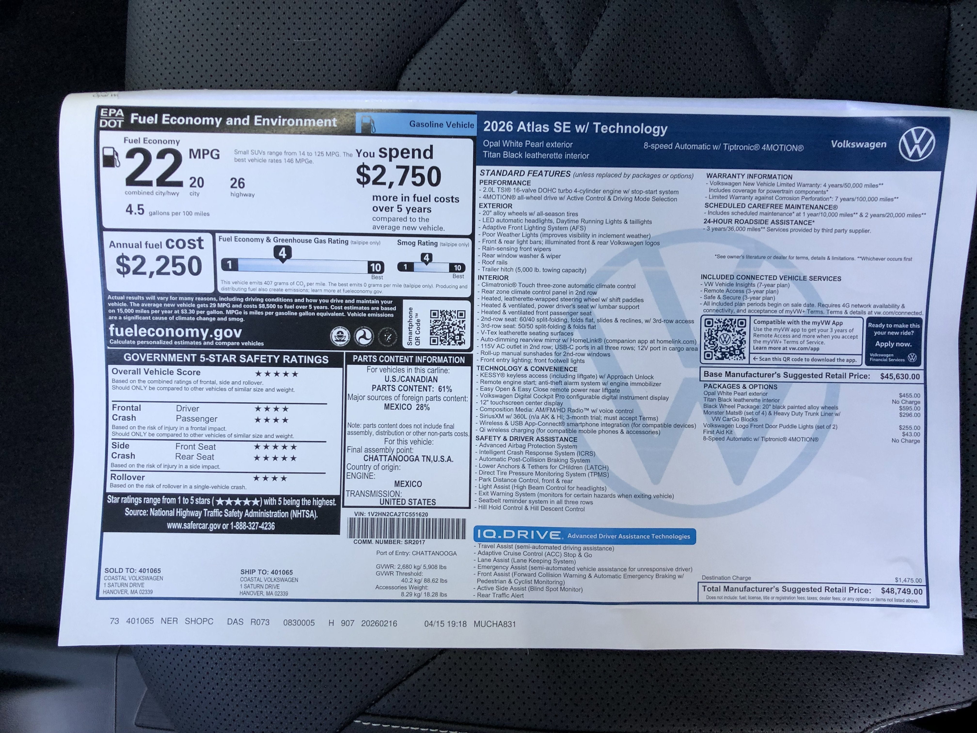2026 Volkswagen Atlas 2.0T SE w/Technology w/black wheel package