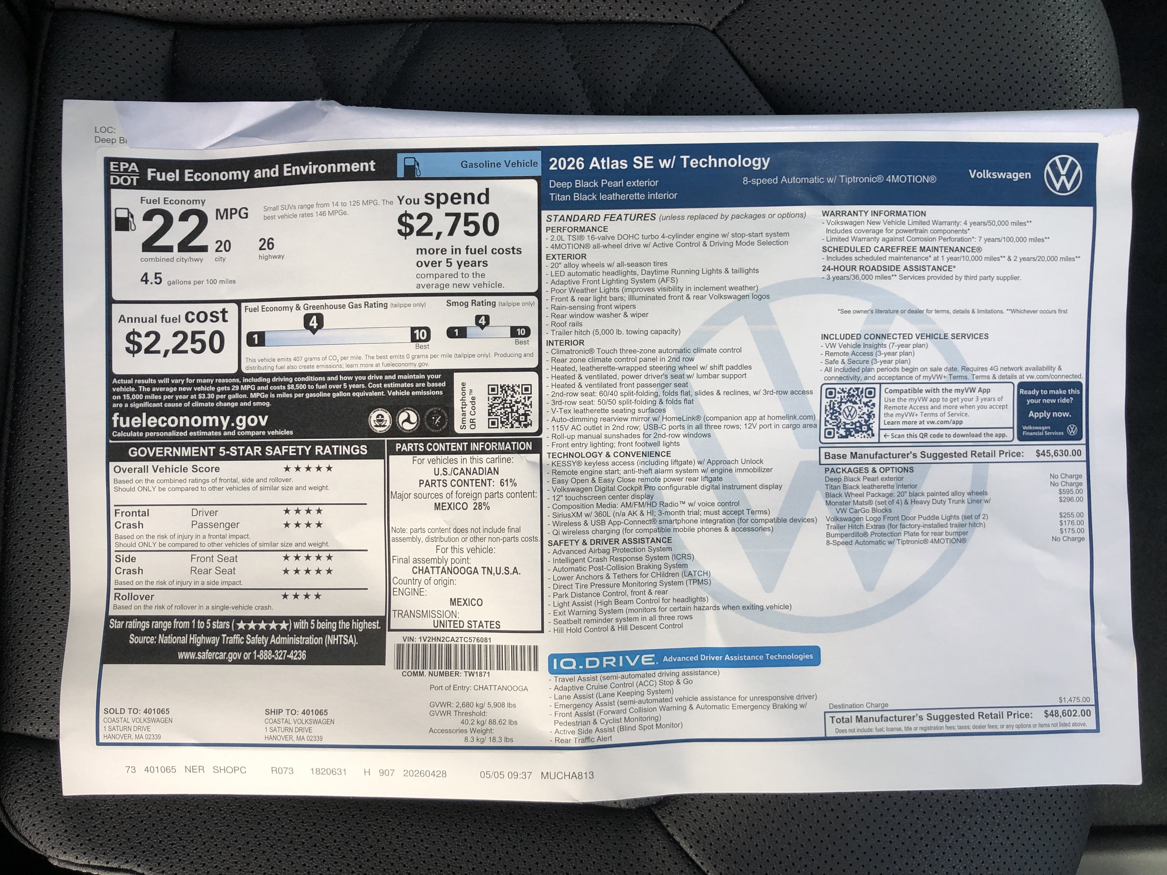 2026 Volkswagen Atlas 2.0T SE w/Technology w/black wheel package