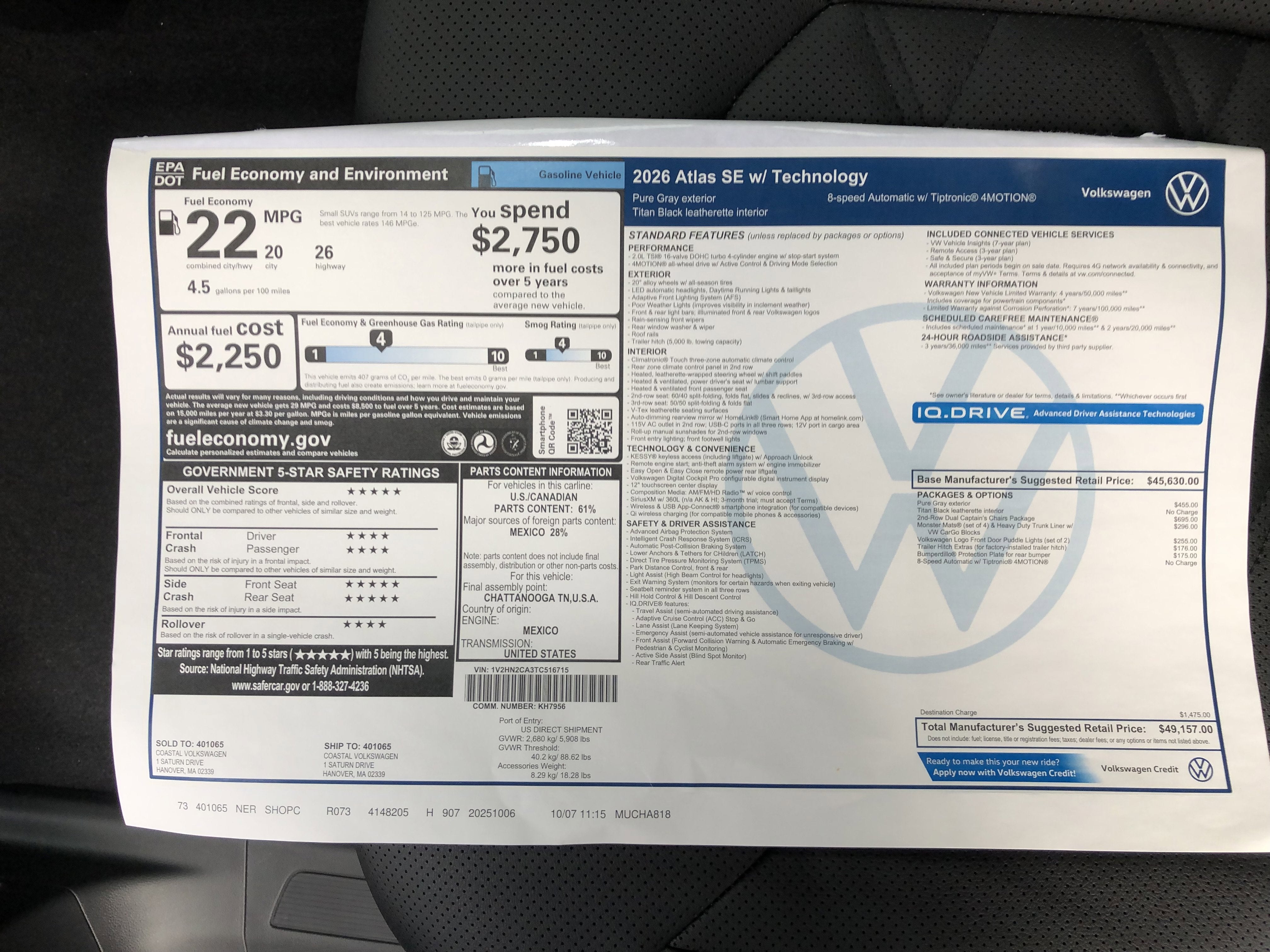 2026 Volkswagen Atlas 2.0T SE w/Technology w/captains chairs