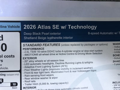 2026 Volkswagen Atlas 2.0T SE w/Technology w/black wheel package
