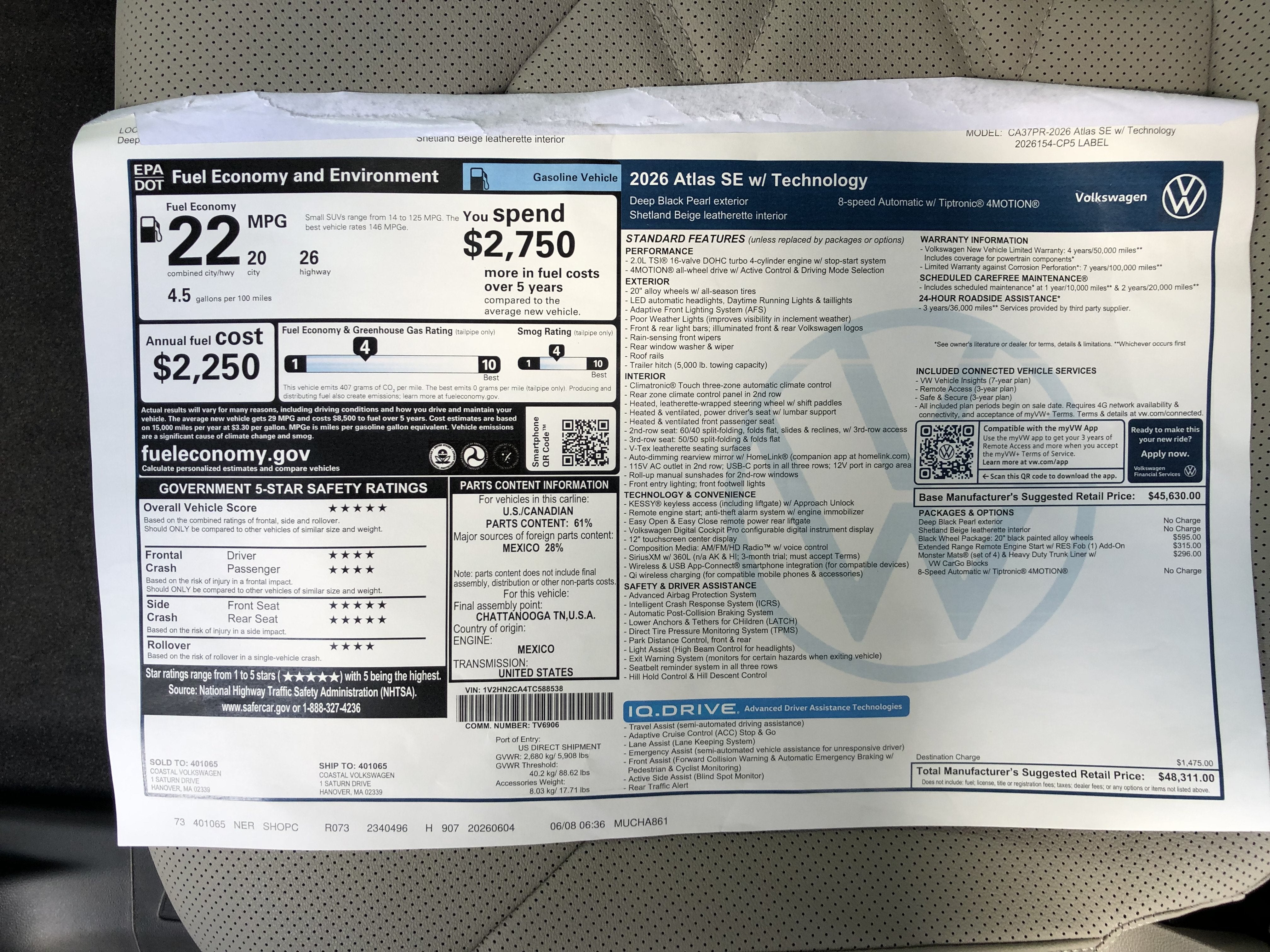2026 Volkswagen Atlas 2.0T SE w/Technology w/black wheel package