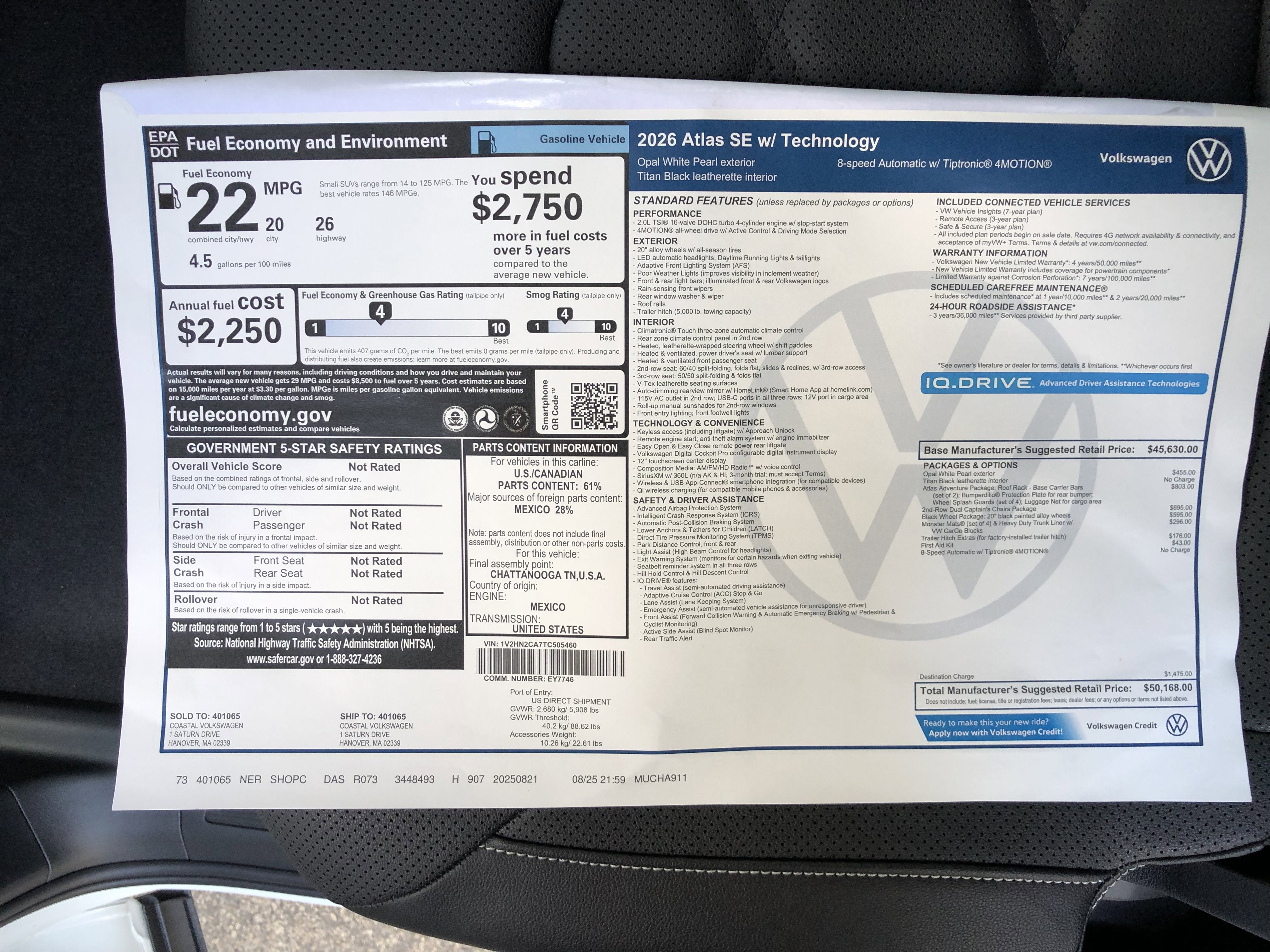 2026 Volkswagen Atlas 2.0T SE w/Technology w/captains chairs and black wheel package