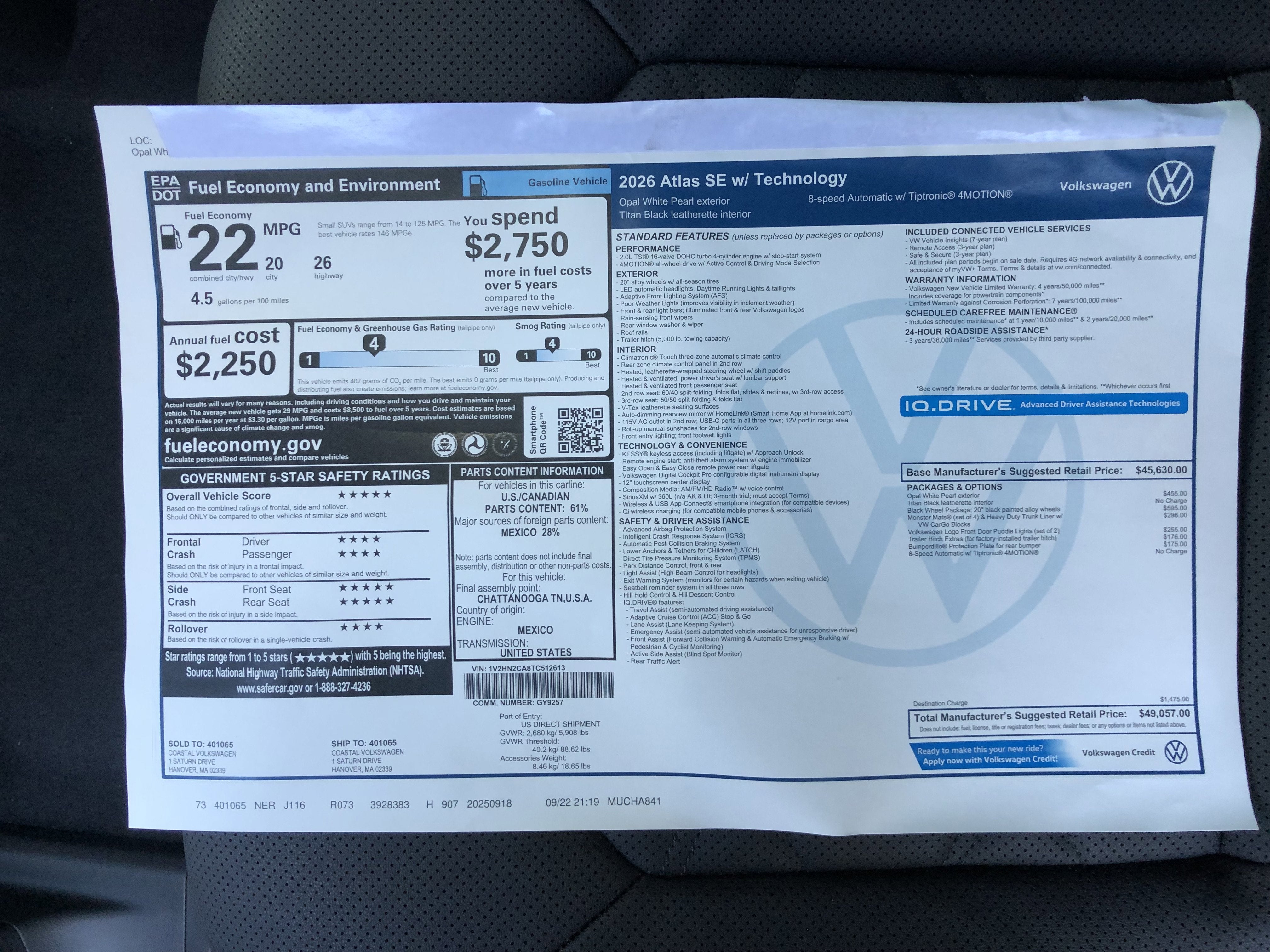 2026 Volkswagen Atlas 2.0T SE w/Technology w/black wheel package