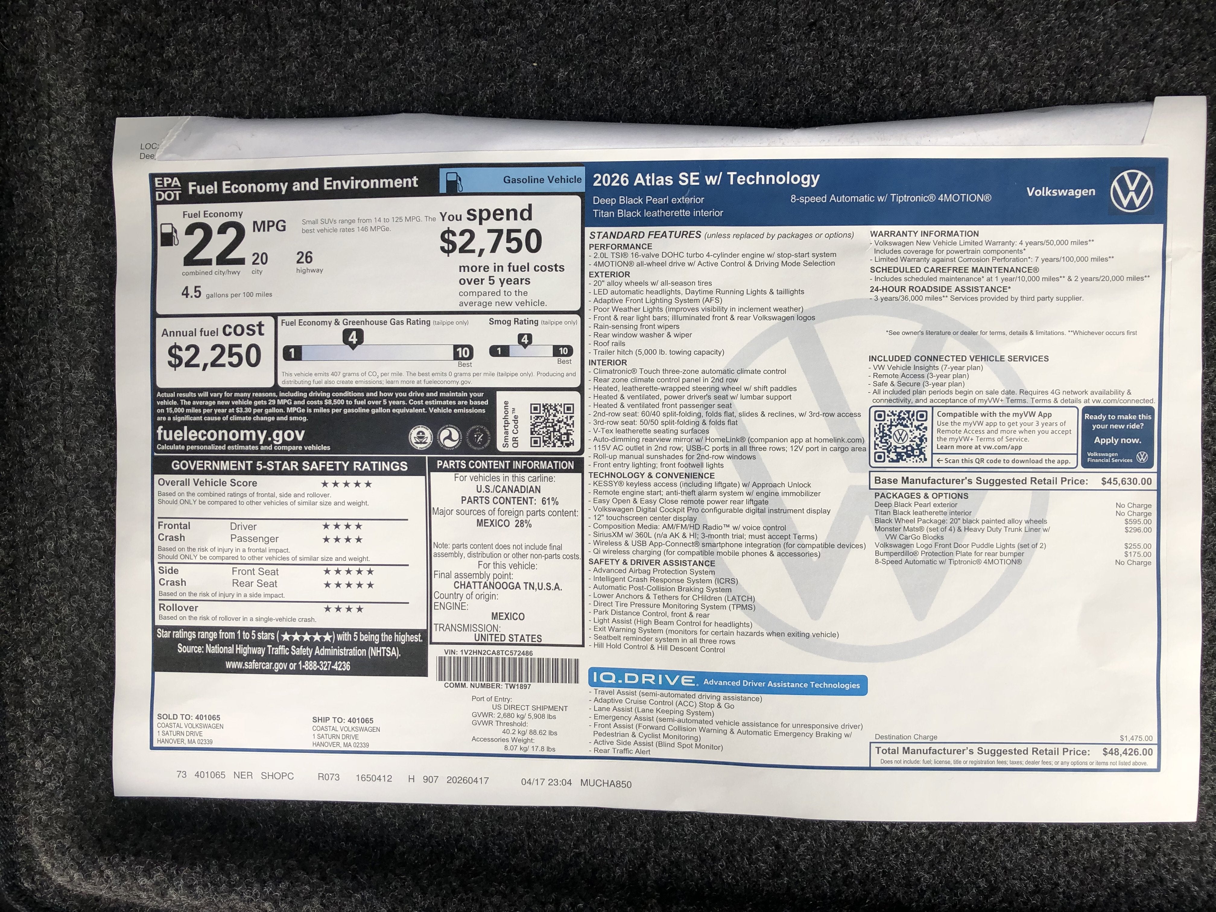 2026 Volkswagen Atlas 2.0T SE w/Technology w/black wheel package