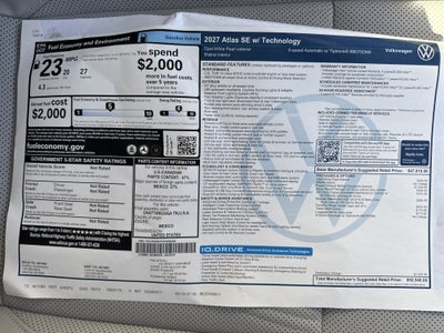 2027 Volkswagen Atlas SE w/Technology w/panoramic sunroof and black wheel package
