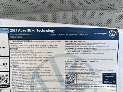 2027 Volkswagen Atlas SE w/Technology w/panoramic sunroof and black wheel package