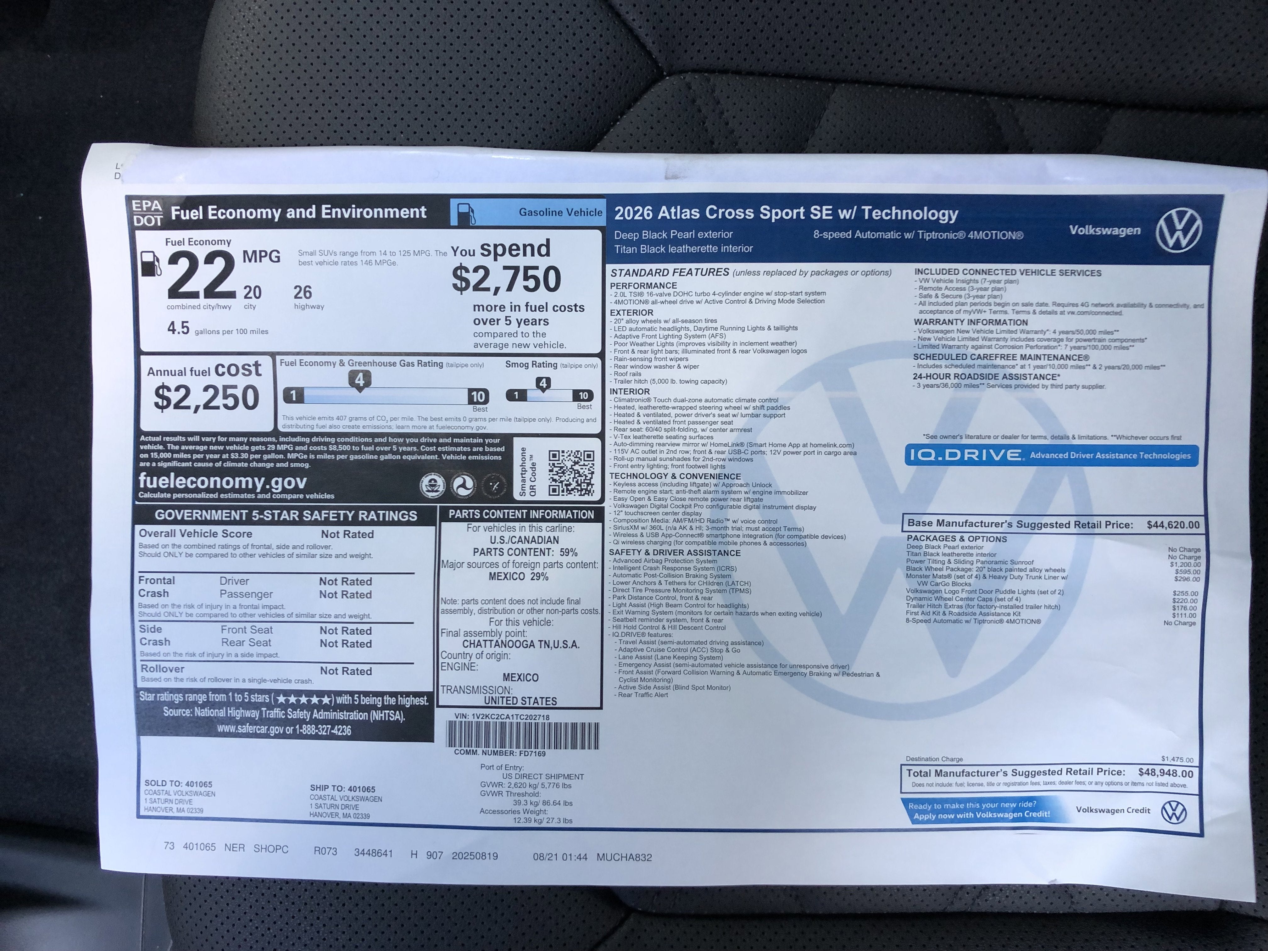 2026 Volkswagen Atlas Cross Sport 2.0T SE w/Technology w/panoramic sunroof and black wheel package