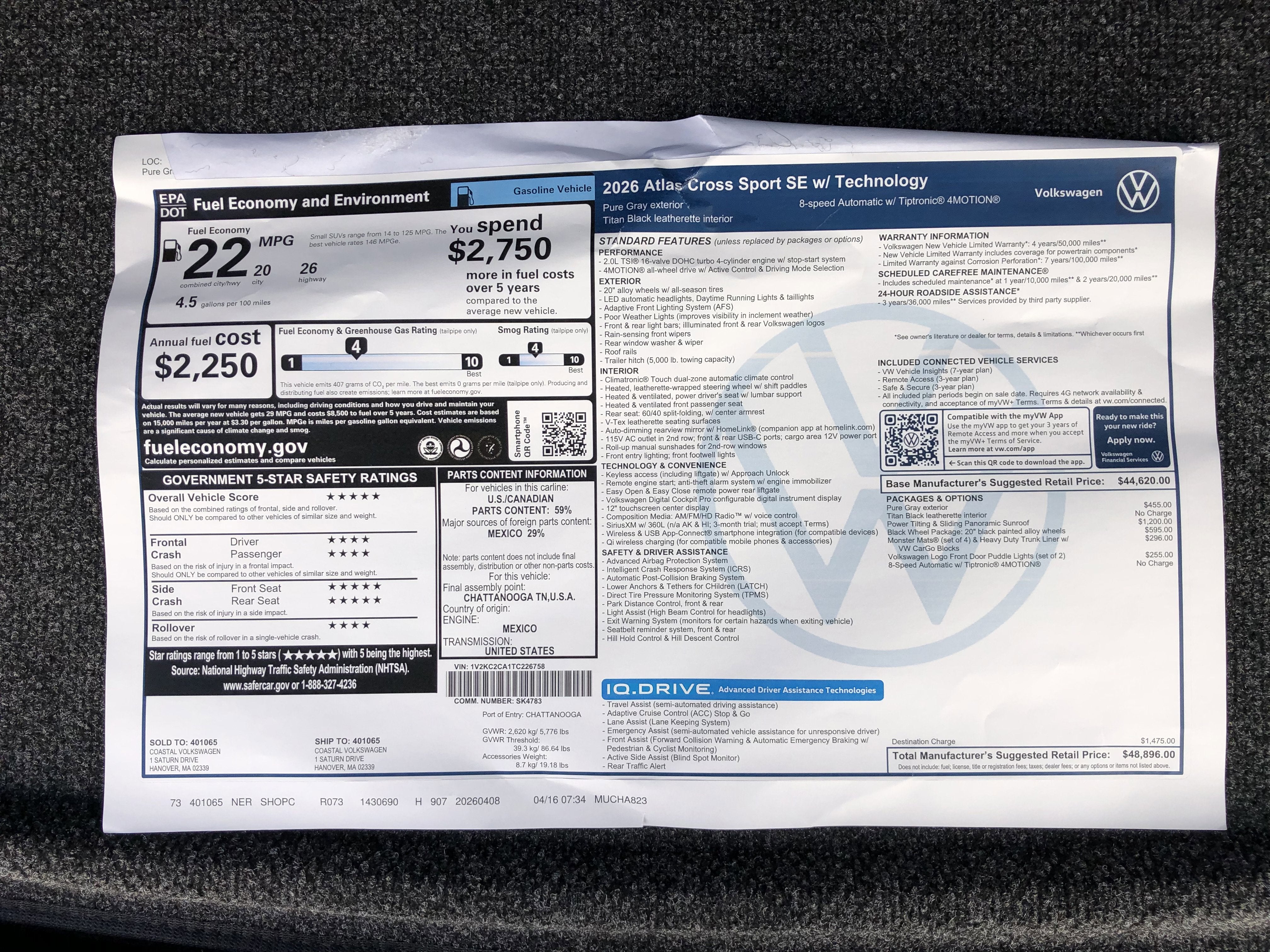 2026 Volkswagen Atlas Cross Sport 2.0T SE w/Technology w/panoramic sunroof and black wheel package
