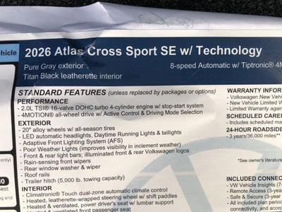 2026 Volkswagen Atlas Cross Sport 2.0T SE w/Technology w/panoramic sunroof and black wheel package