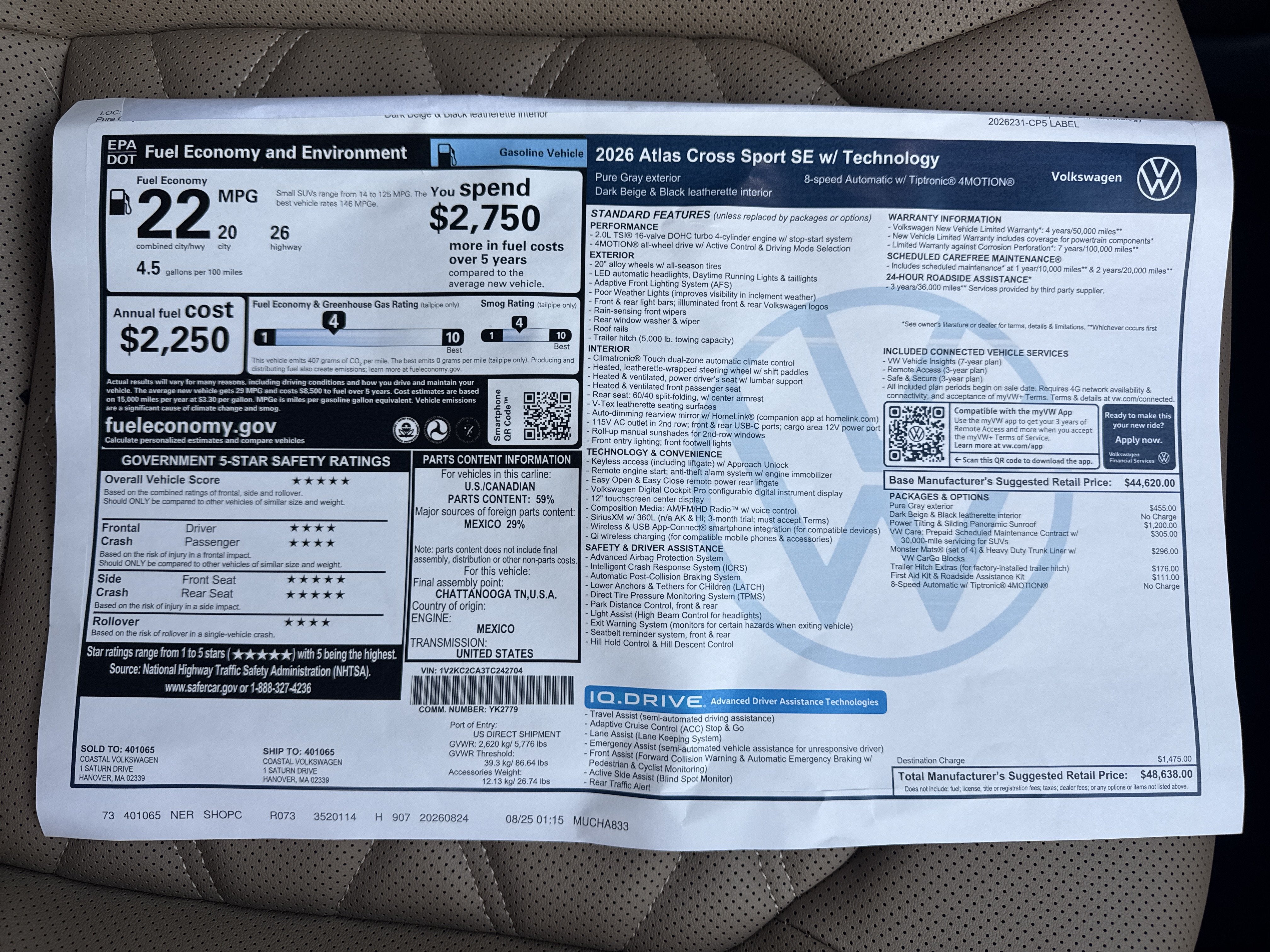 2026 Volkswagen Atlas Cross Sport 2.0T SE w/Technology w/panoramic sunroof