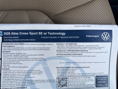 2026 Volkswagen Atlas Cross Sport 2.0T SE w/Technology w/panoramic sunroof