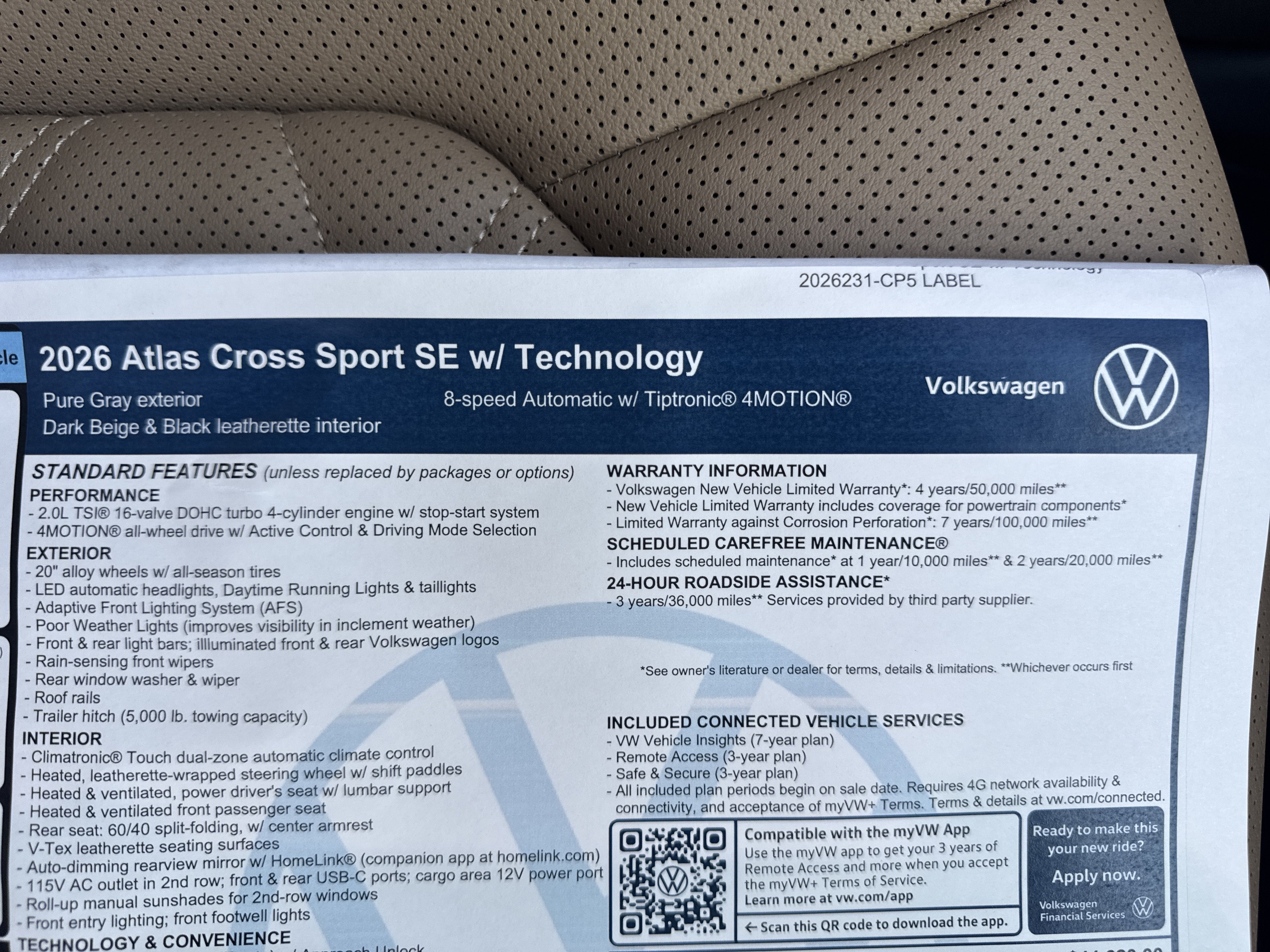 2026 Volkswagen Atlas Cross Sport 2.0T SE w/Technology w/panoramic sunroof