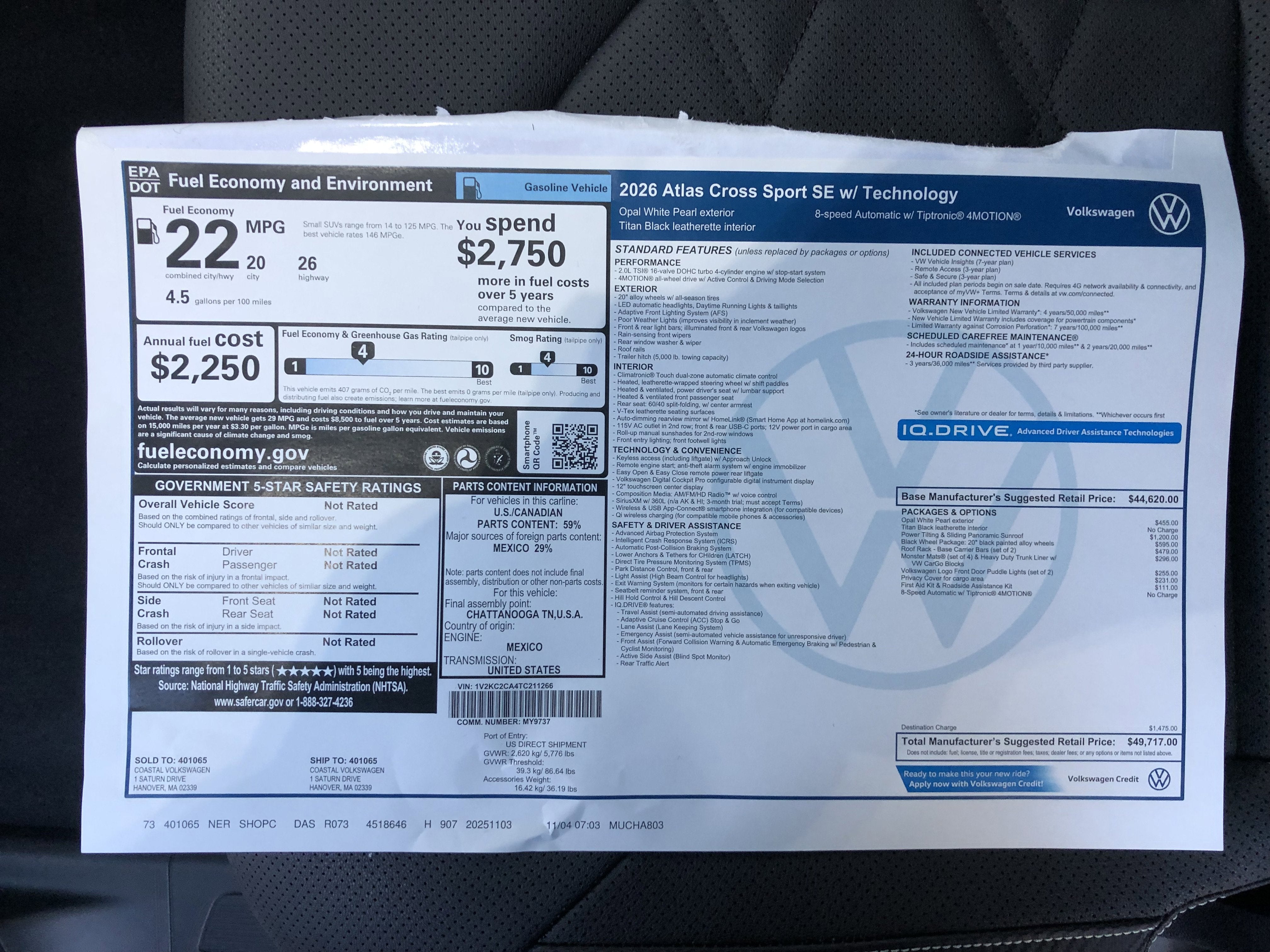 2026 Volkswagen Atlas Cross Sport 2.0T SE w/Technology w/panoramic sunroof and black wheel package
