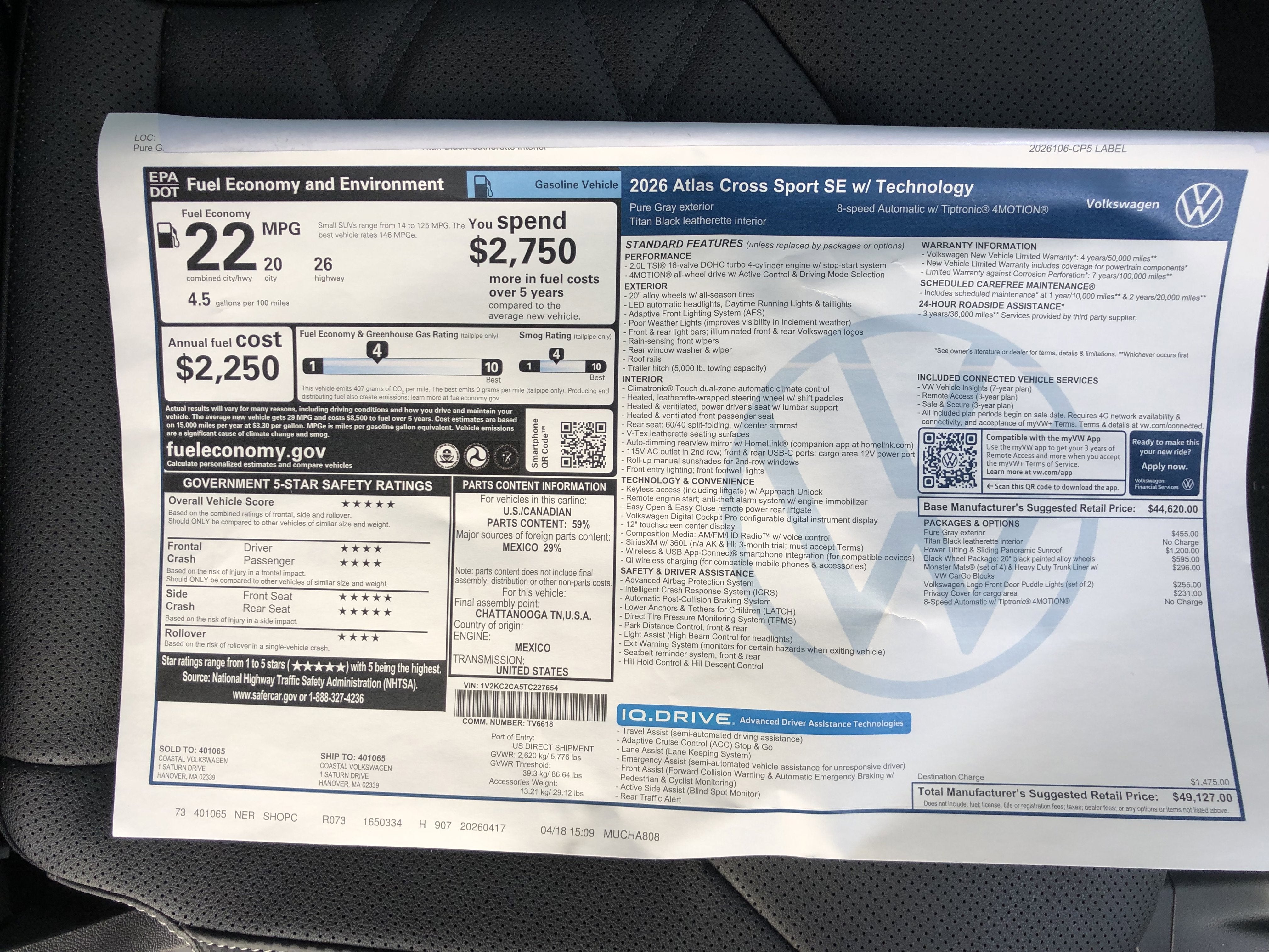 2026 Volkswagen Atlas Cross Sport 2.0T SE w/Technology w/panoramic sunroof and black wheel package