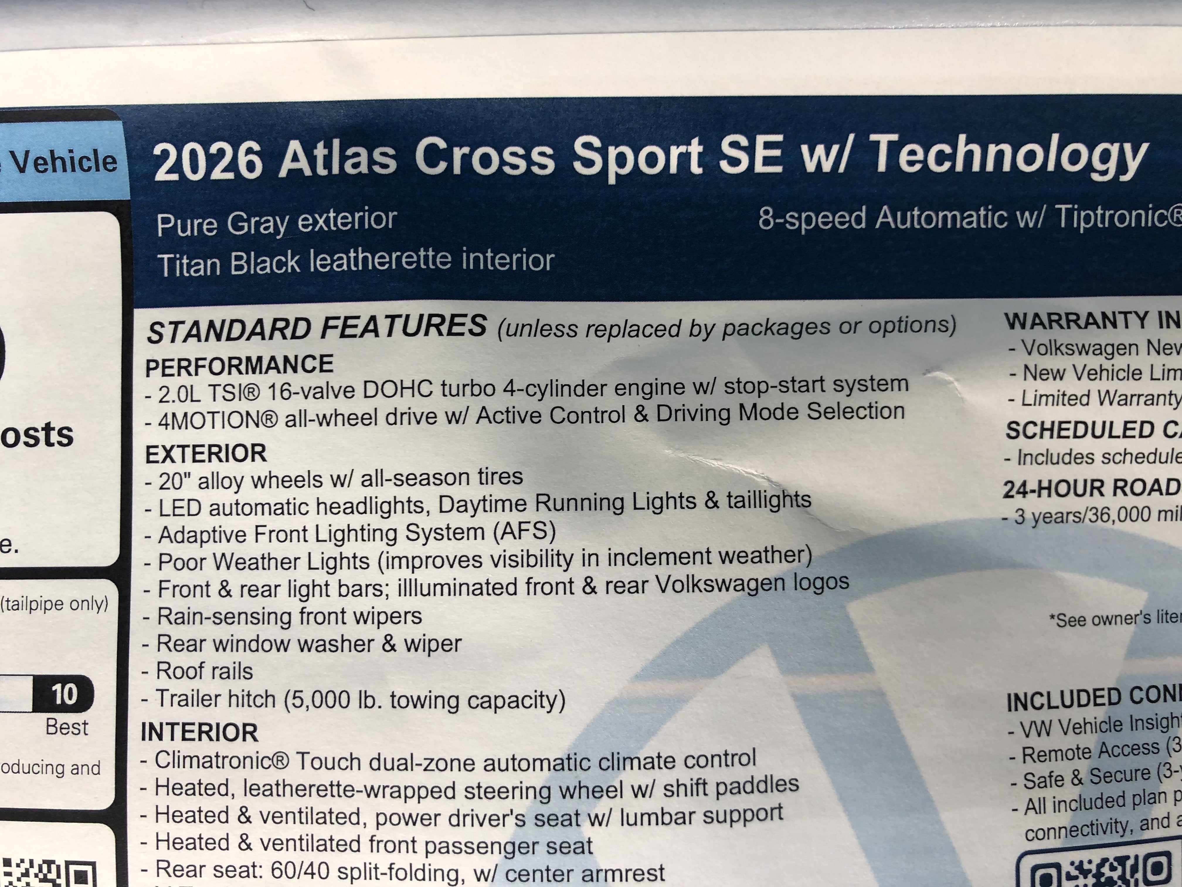 2026 Volkswagen Atlas Cross Sport 2.0T SE w/Technology w/panoramic sunroof and black wheel package