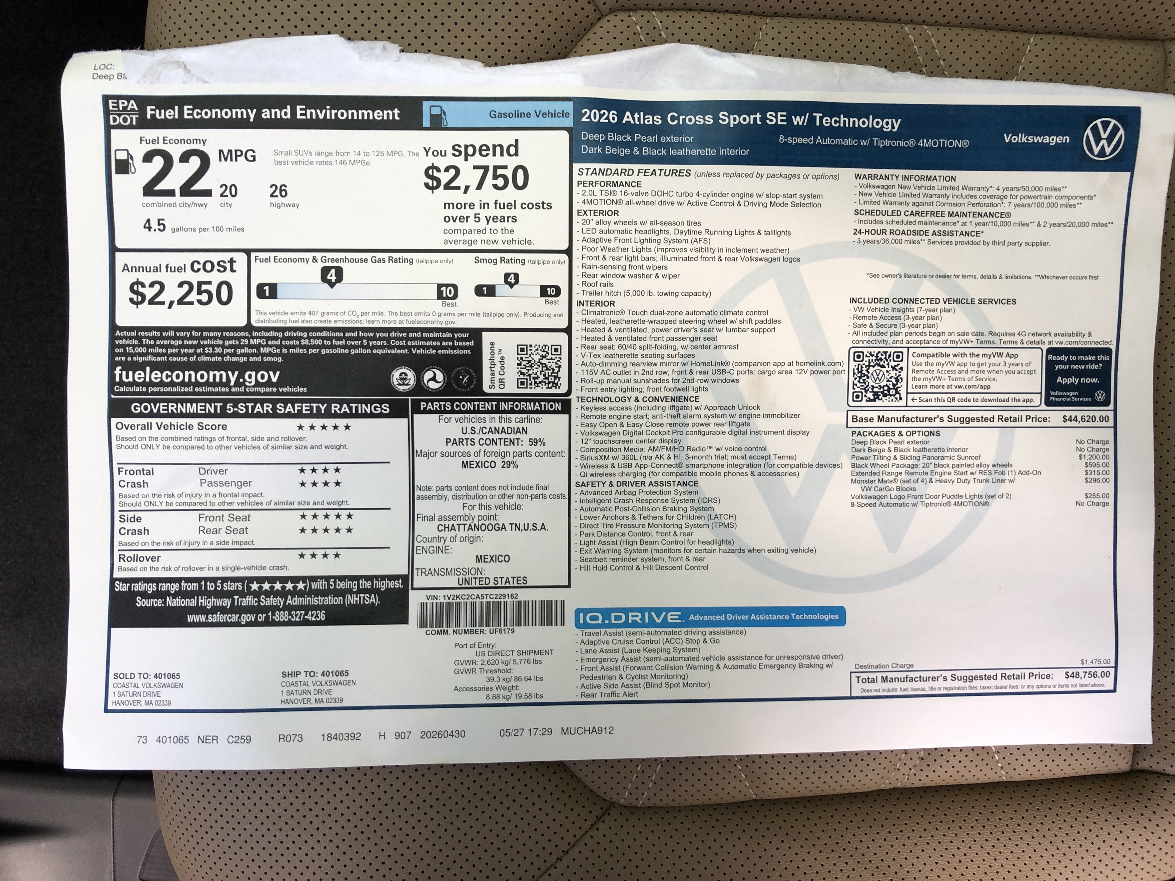 2026 Volkswagen Atlas Cross Sport 2.0T SE w/Technology w/panoramic sunroof and black wheel package