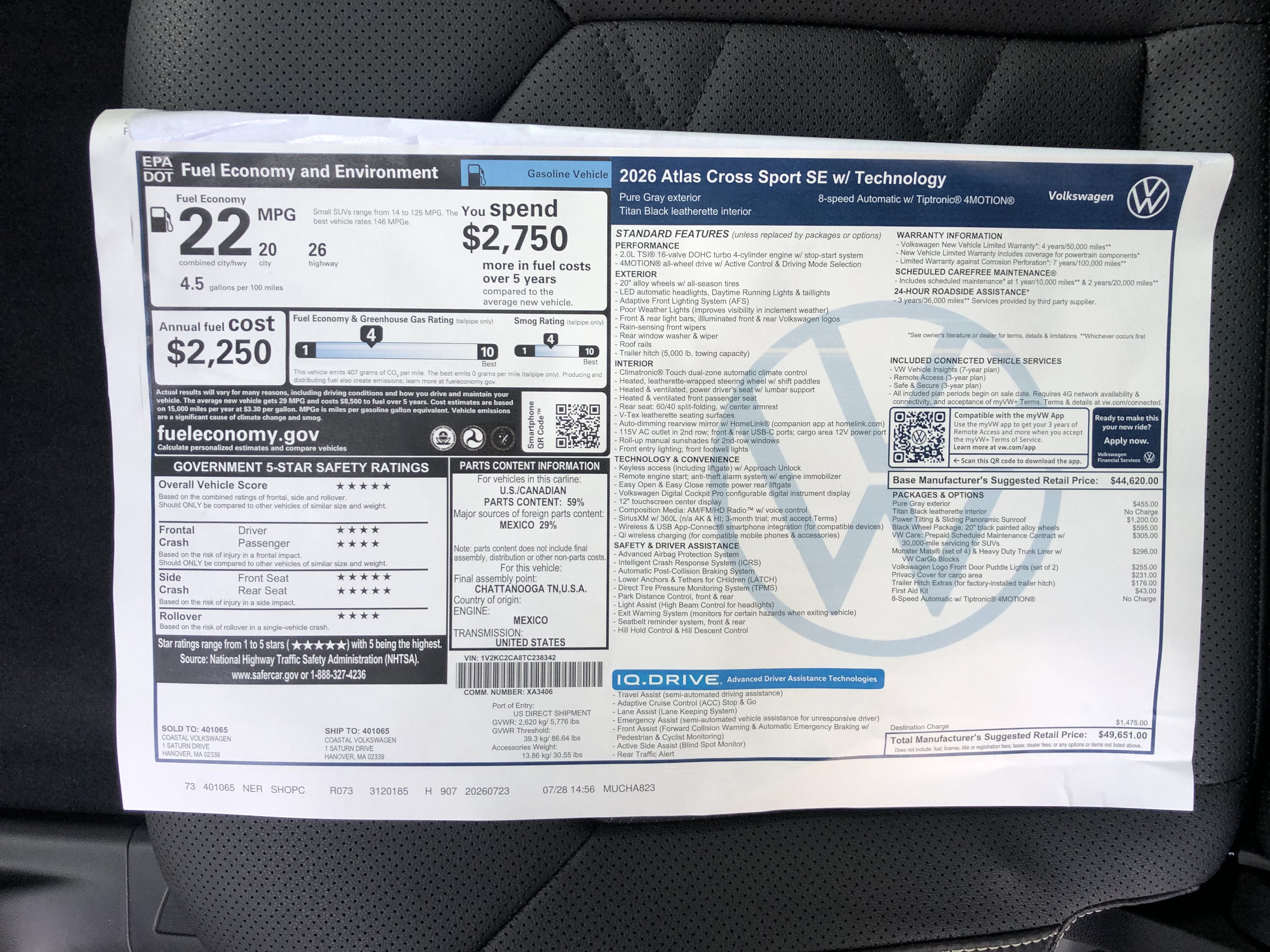 2026 Volkswagen Atlas Cross Sport 2.0T SE w/Technology w/panoramic sunroof and black wheel package