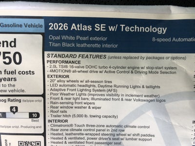 2026 Volkswagen Atlas 2.0T SE w/Technology w/captains chairs, panoramic sunroof and black wheel package