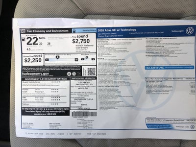 2026 Volkswagen Atlas 2.0T SE w/Technology w/panoramic sunroof and black wheel package