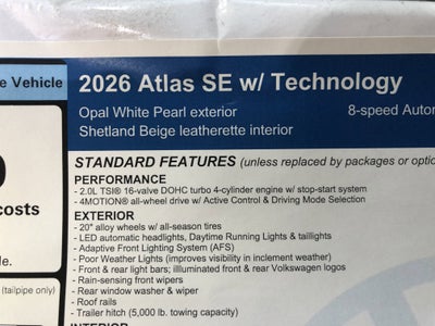 2026 Volkswagen Atlas 2.0T SE w/Technology w/panoramic sunroof and black wheel package