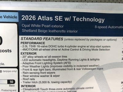 2026 Volkswagen Atlas 2.0T SE w/Technology w/panoramic sunroof