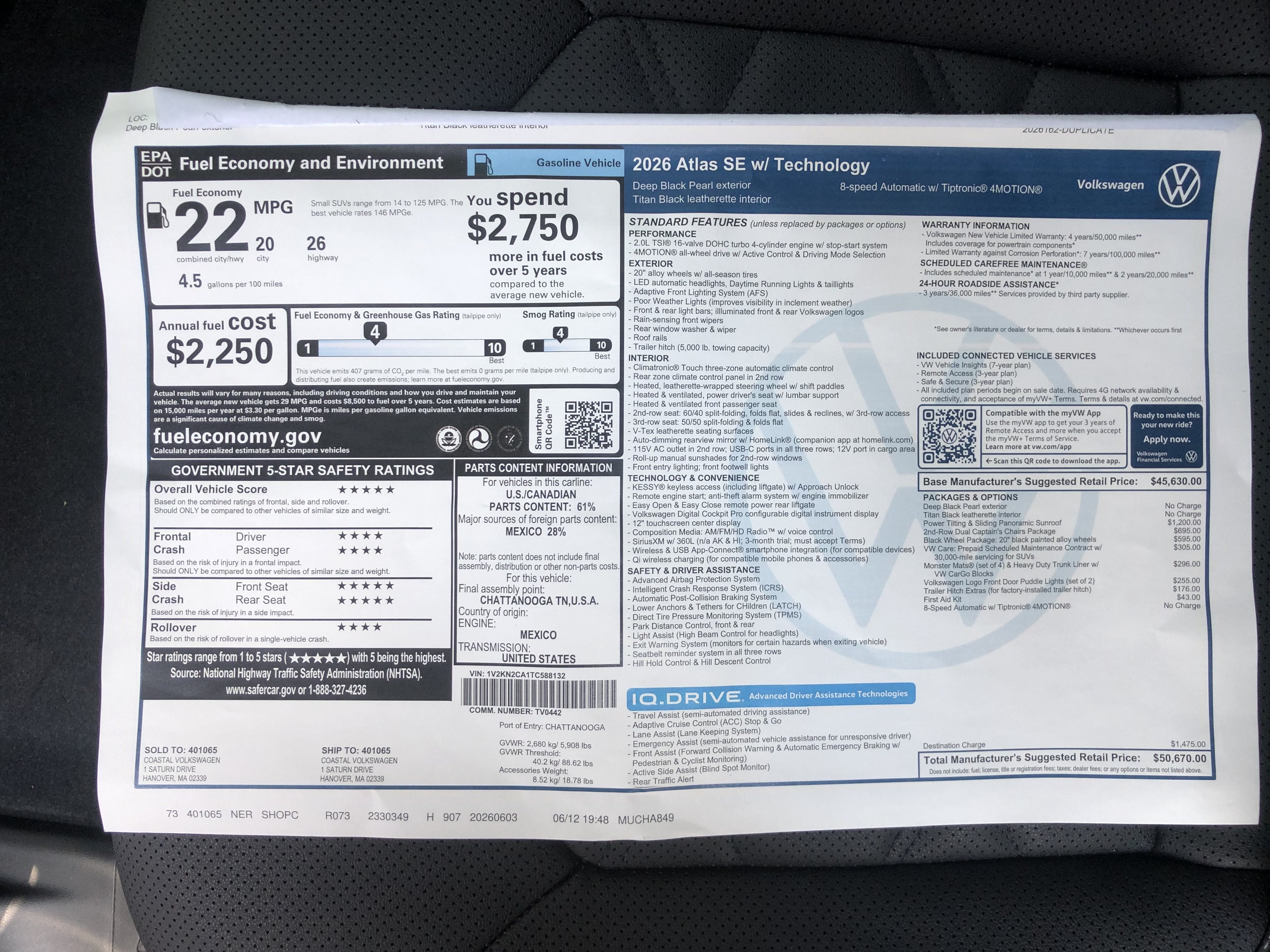 2026 Volkswagen Atlas 2.0T SE w/Technology w/captains chairs, panoramic sunroof and black wheel package