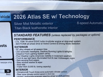 2026 Volkswagen Atlas 2.0T SE w/Technology w/panoramic sunroof and black wheel package