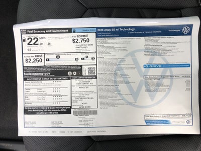 2026 Volkswagen Atlas 2.0T SE w/Technology w/captains chairs, panoramic sunroof and black wheel package