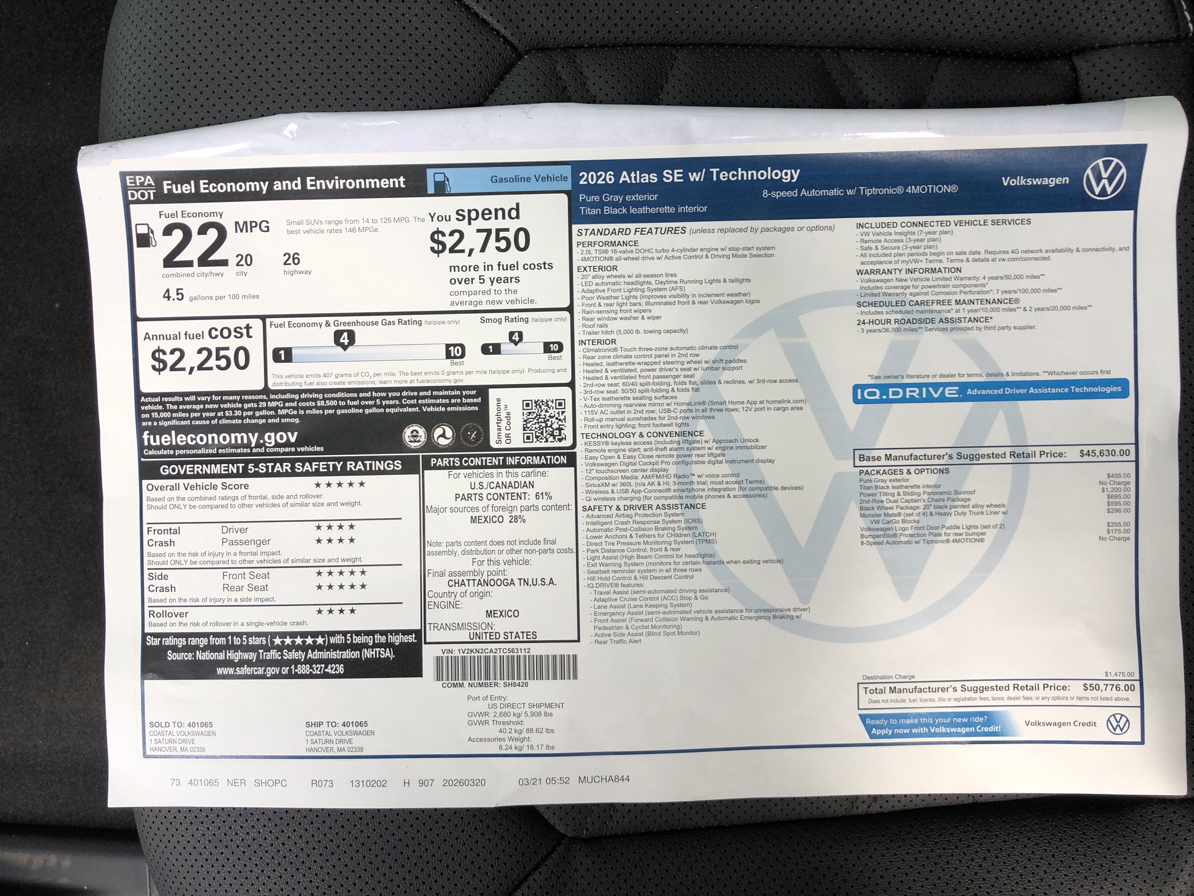 2026 Volkswagen Atlas 2.0T SE w/Technology w/captains chairs, panoramic sunroof and black wheel package