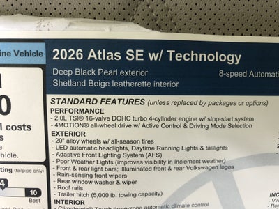 2026 Volkswagen Atlas 2.0T SE w/Technology w/panoramic sunroof