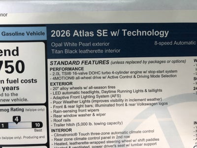 2026 Volkswagen Atlas 2.0T SE w/Technology w/panoramic sunroof