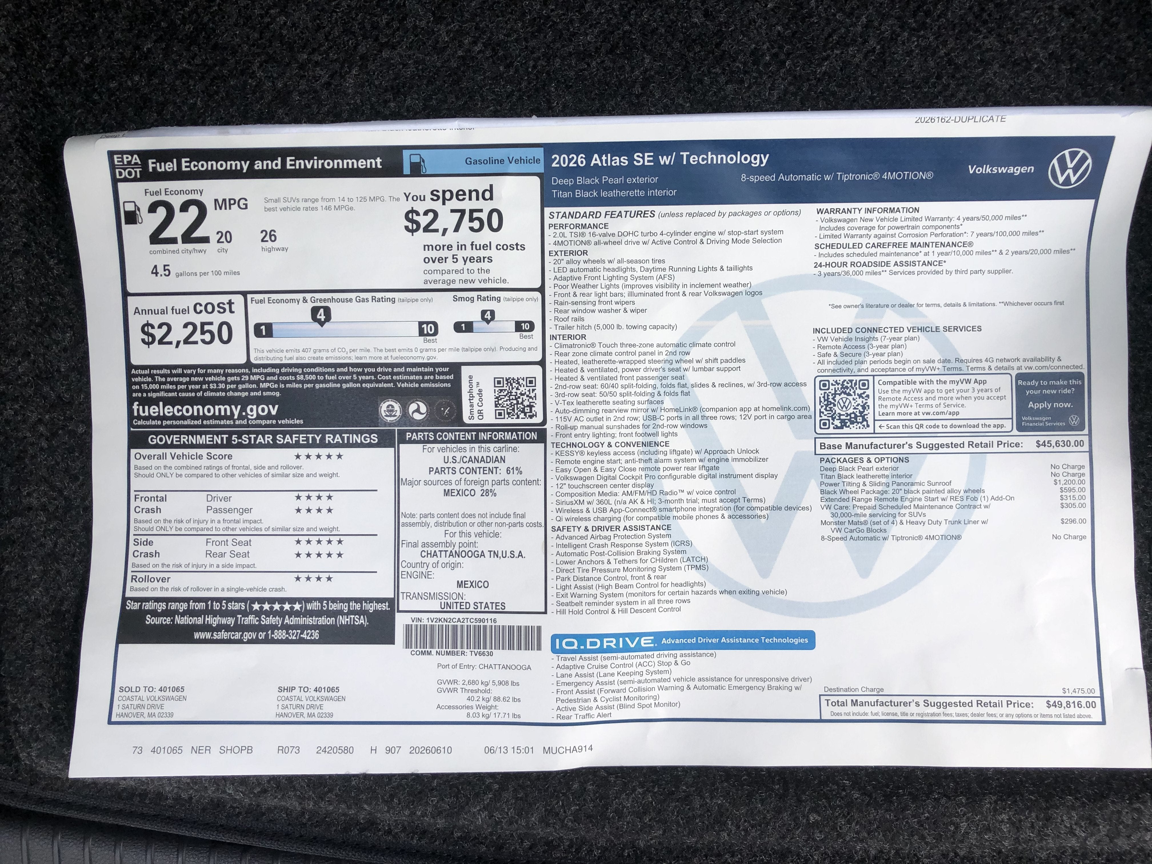 2026 Volkswagen Atlas 2.0T SE w/Technology w/panoramic sunroof and black wheel package