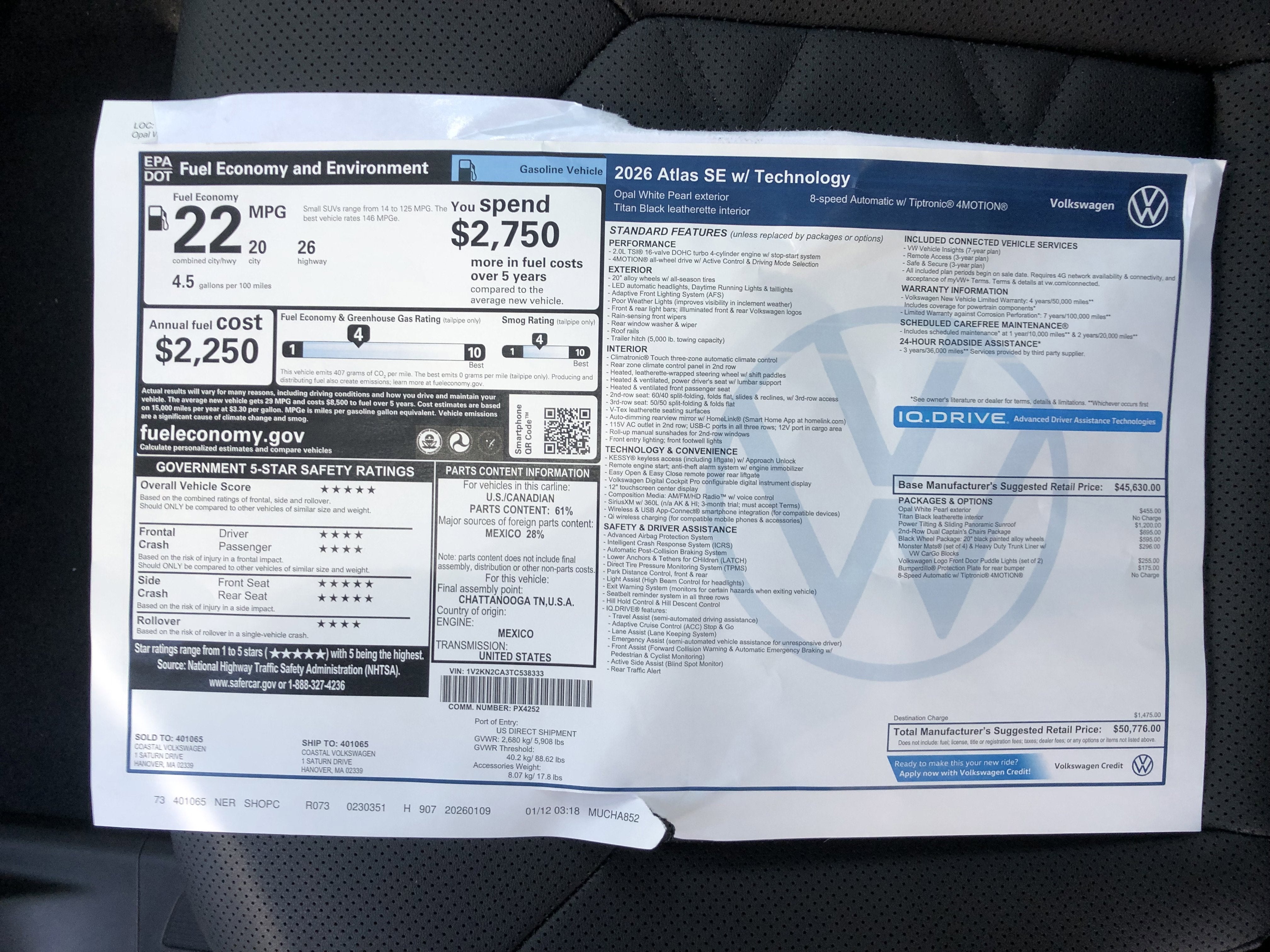 2026 Volkswagen Atlas 2.0T SE w/Technology w/captains chairs, panoramic sunroof and black wheel package