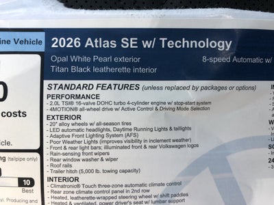 2026 Volkswagen Atlas 2.0T SE w/Technology w/captains chairs, panoramic sunroof and black wheel package