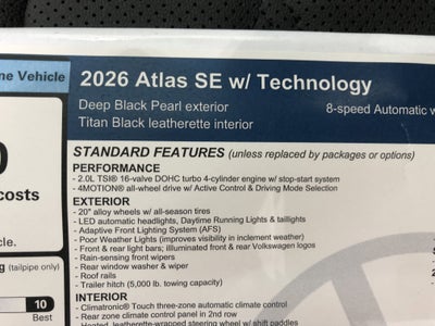 2026 Volkswagen Atlas 2.0T SE w/Technology w/panoramic sunroof and black wheel package