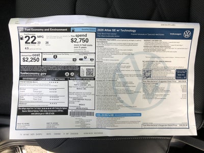 2026 Volkswagen Atlas 2.0T SE w/Technology w/captains chairs, panoramic sunroof and black wheel package