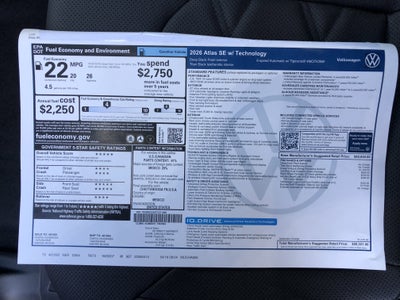 2026 Volkswagen Atlas 2.0T SE w/Technology w/captains chairs, panoramic sunroof and black wheel package